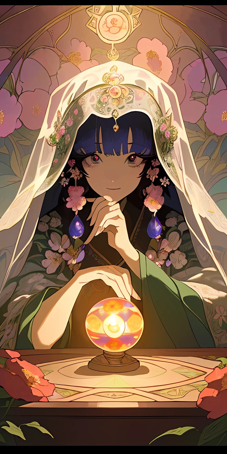 (masterpiece、Highest Quality、masterpiece、hight resolution、perfect detail、(extremely fine and beautiful:1.1)、(Official art、Beautifully Aesthetic:1.2)、(Fractal Art:1.3)、(Lots of floral effects:1.4)、1girl in、up looking_で_viewer、portraitures、独奏、Very vivid and colorful、(Many Floral Effects:1.3)、 a large number of petals、beatiful lights、Fine Beauty、(Detailed face with fine eyes:1.1)、(Beautiful and clear backgrounds:1.1)、Ren Hao、bow ribbon、Flowers and petals、beautiful concept illustration、Crystal jade、Holding a tarot card in your hand、fortune teller、Fortuneteller's veil、Fortuneteller's clothes、A fortune teller's tent is built in a dark alley, Inside, Ugly old woman in a strange gypsy costume is sitting at a table, Her hand on a crystal ball and an Ouija board