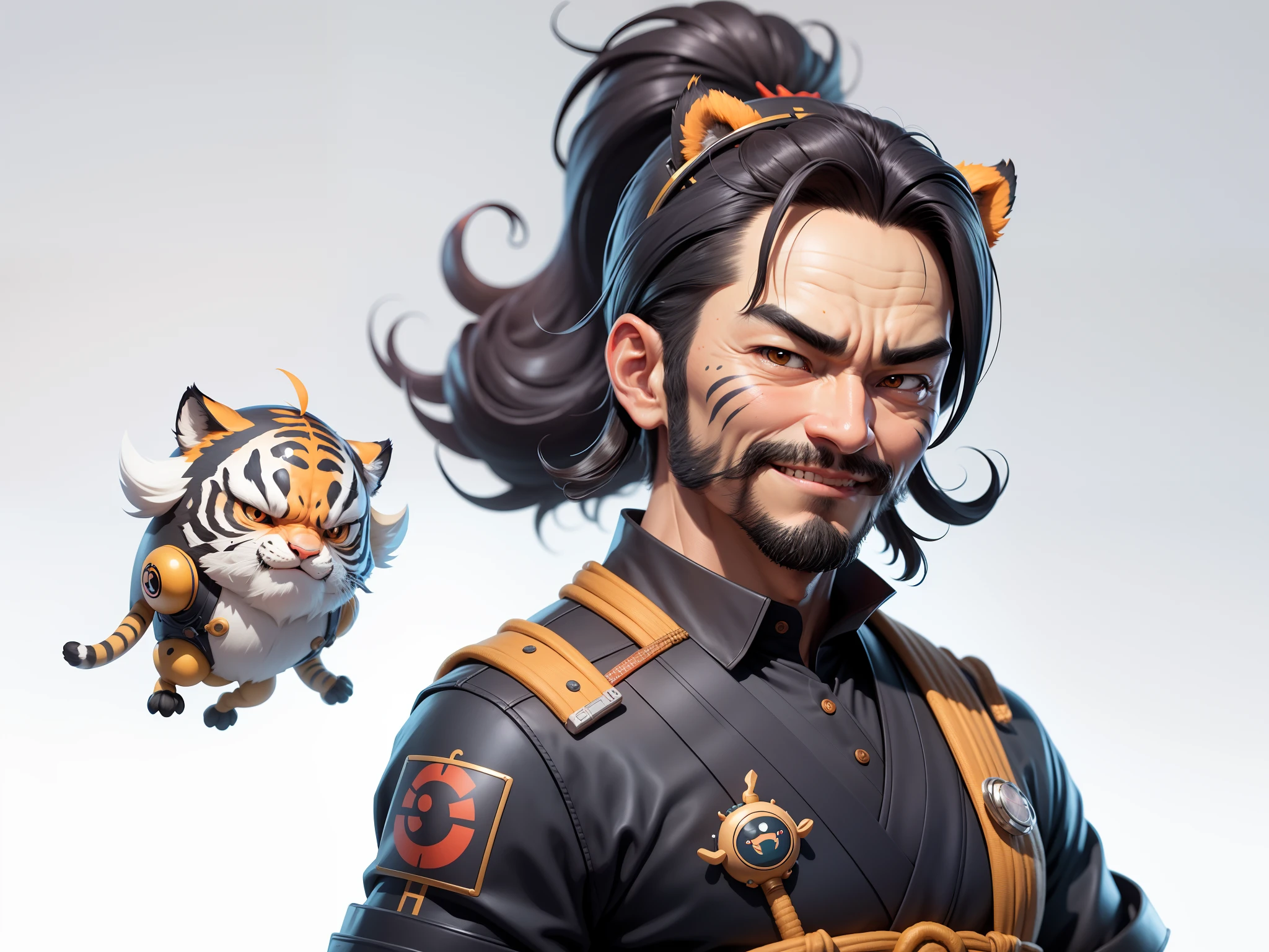 (Daisaku),(Need),(Super meticulous),(full bodyesbian:1.2),Super young man with Japanese geisha，Beautiful，orient，one tiger，Aeolian Thor，Raised sexy，爆乳，Oriental face，TV Anchor，Bust portrait illustration，In black suit，a blue tie，The face is slightly chubby，The face was clean，without a beard，Black super short hair，Black eyes，Smile confidently，3C computer sub-products，iPad， iphone，Digital painting，3D character design by Mark Clairen and Pixar and Hayao Miyazaki and Akira Toriyama，The illustration is a high-definition illustration in 4K resolution，With very detailed facial features and cartoon-style visuals。