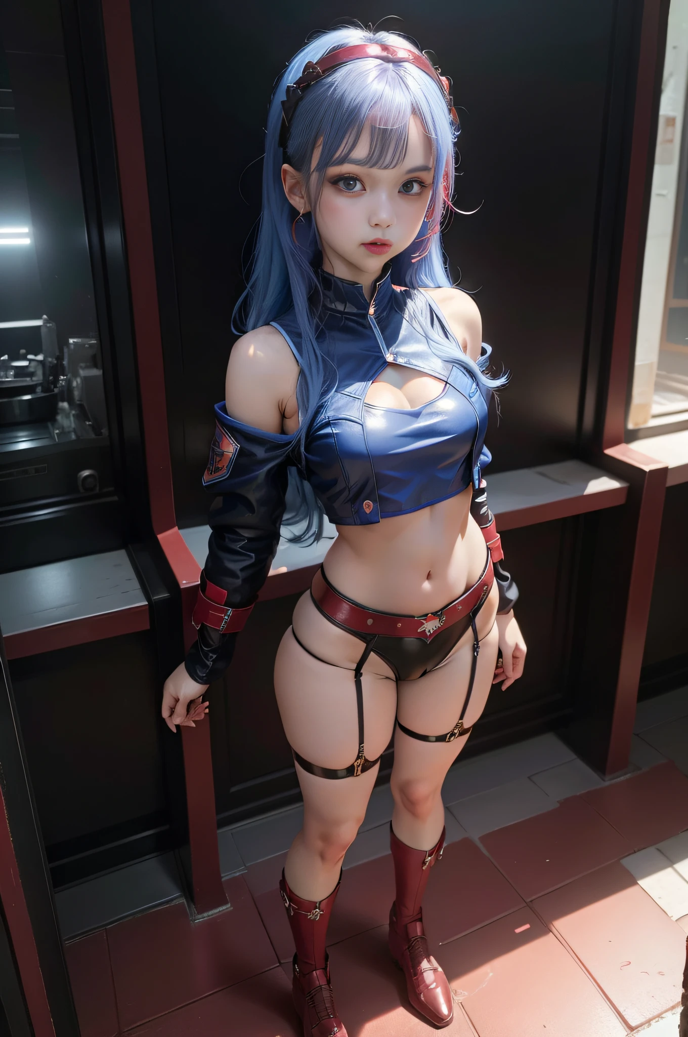 full body view, blue hair with red lights, kim chaewon, cute face, fantasy revealing outfit, exposed body, small breast, exposed midriff, is standing. The photo is taken in UHD 4K and is very detailed.