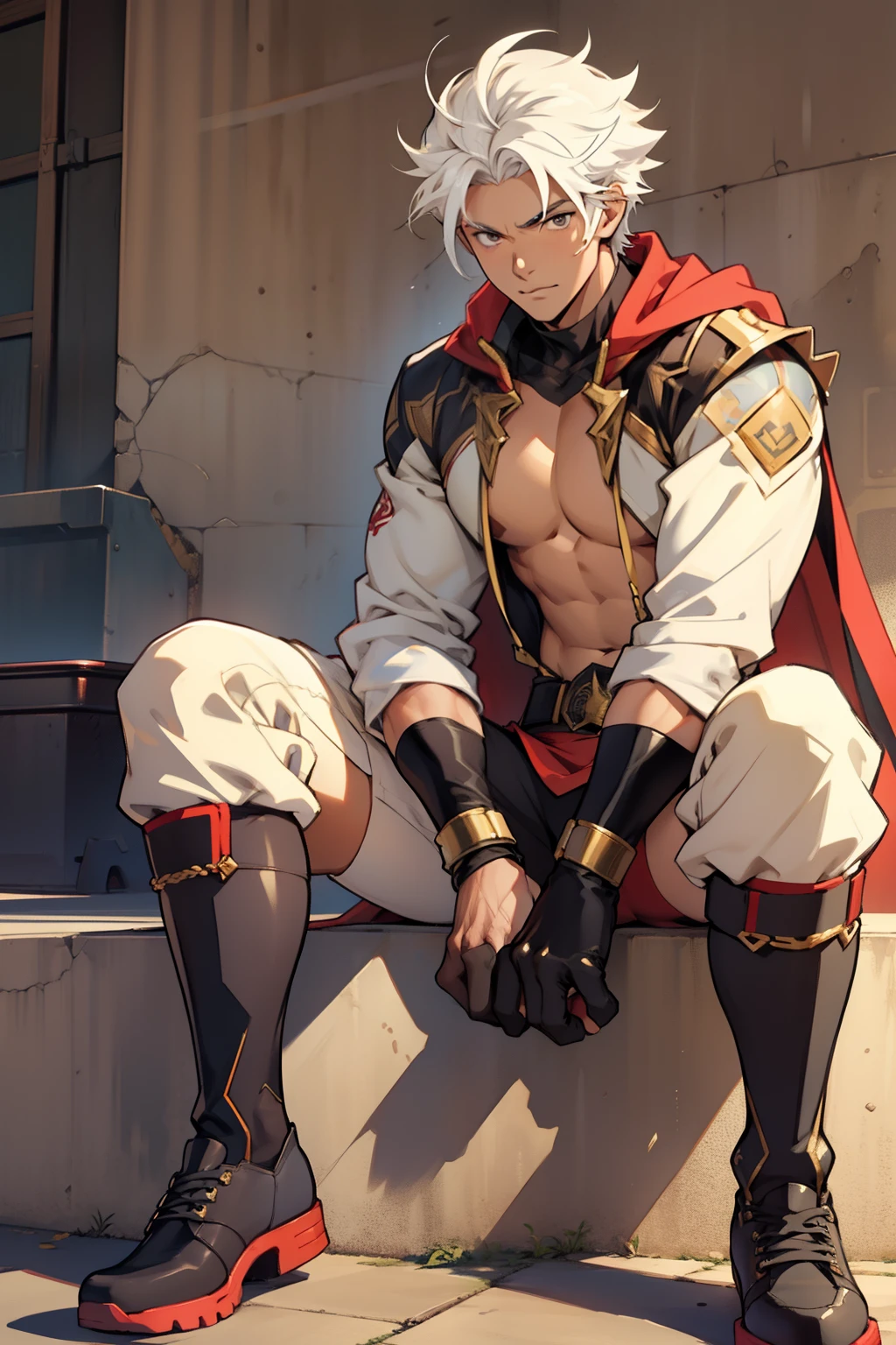 Highest image quality，male people，，1 boy，Young and handsome，shoun，White color hair，Short flat top hair，Dark  skin，anime big breast，anime wallpaper，Solo，malefocus，Briefs，Dilation of the pectoral muscles，Red cape，Bulging crotch，Urban background，spread their legs，Sexy,(Masterpiece, Best quality),Long white socks，Red Martin boots，