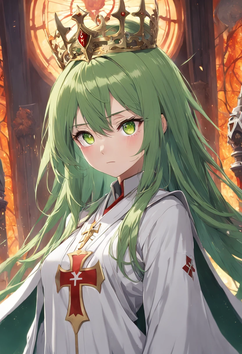 1female, orange hair, green eyes, throne room background, white robes with red cross, best quality, detailed face, detailed eyes