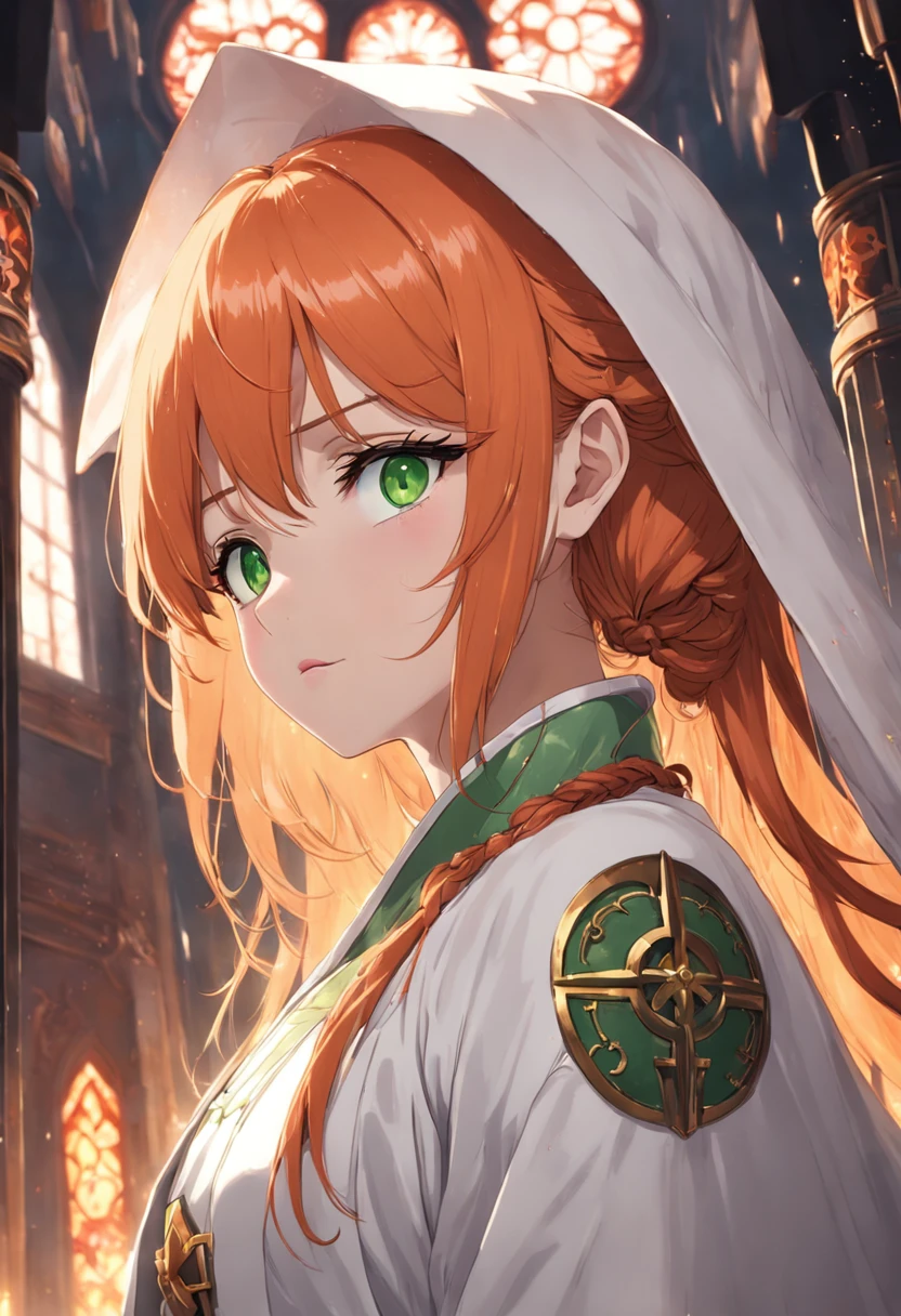 1female, orange hair, green eyes, throne room background, white robes with red cross, best quality, detailed face, detailed eyes