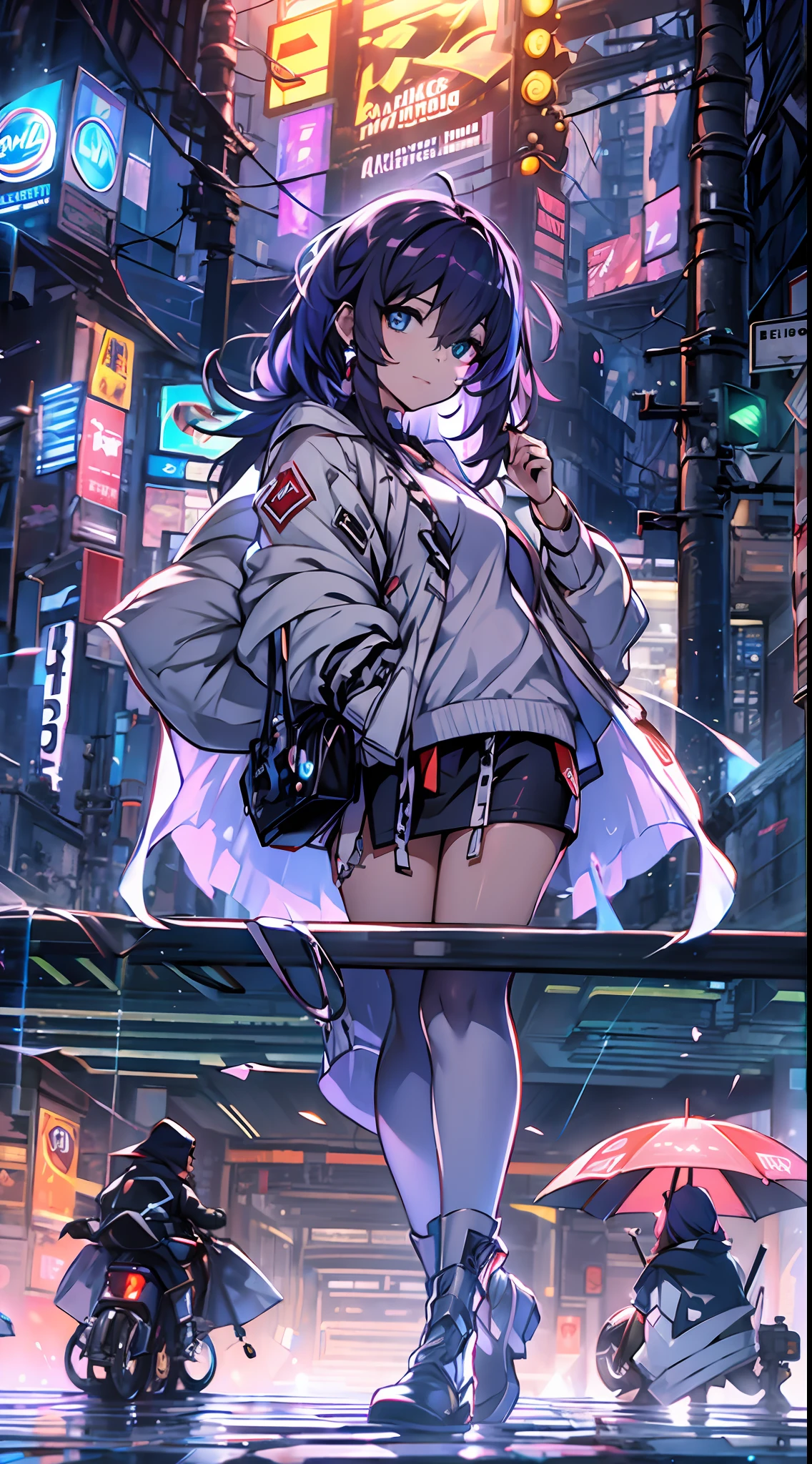 Noite, Fundo colorido da cidade cyberpunk, chuva, menina de rua, seele,honkai impact,, olhos azuis, olhos brilhantes, Meias pretas, retroiluminado, brilhar, Surveying the audience, Low angle lens, olhando para cima lente, perfect composition, delicadeza perfeita de luz e sombra, 8k