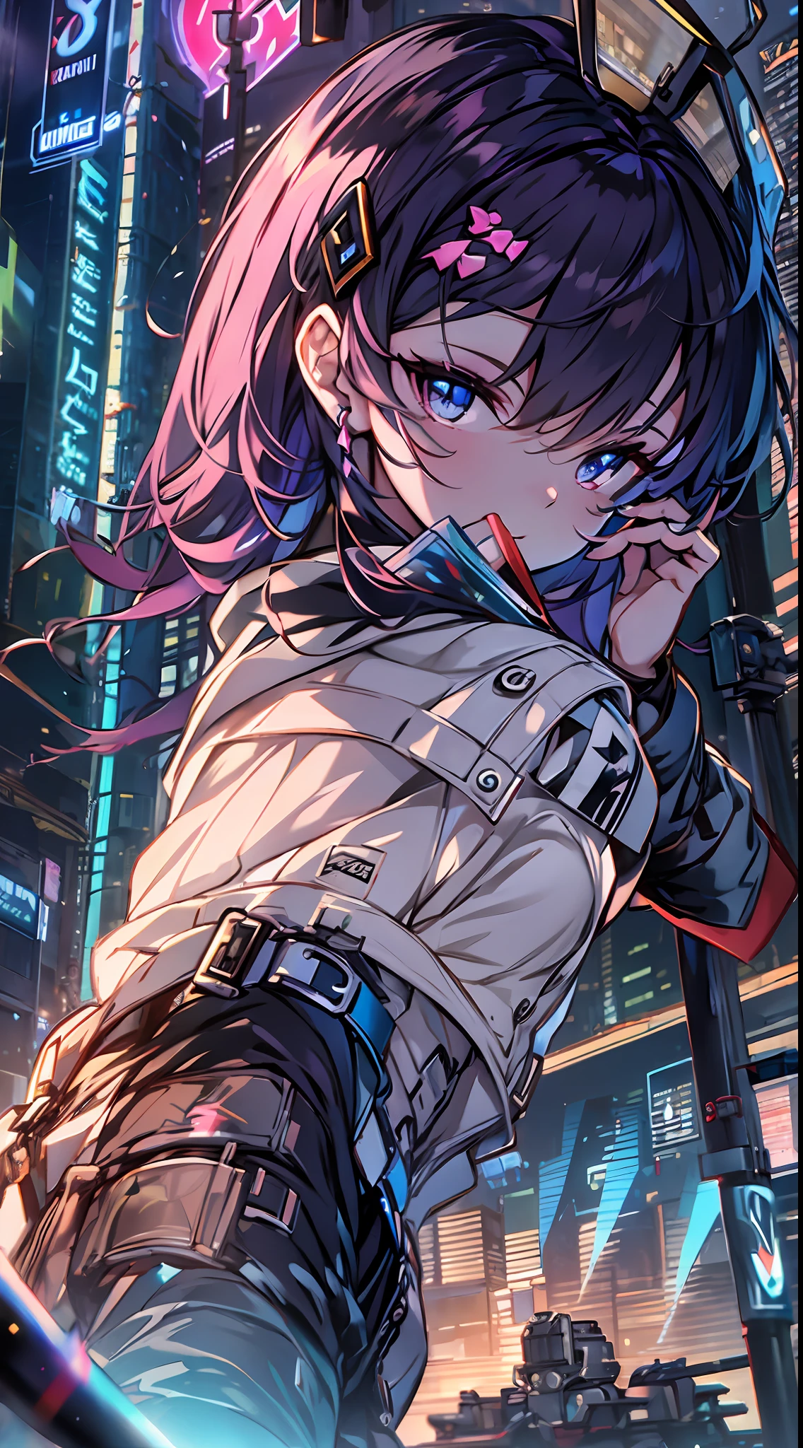Noite, Fundo colorido da cidade cyberpunk, chuva, menina de rua, seele,honkai impact,, olhos azuis, olhos brilhantes, Meias pretas, retroiluminado, brilhar, Surveying the audience, Low angle lens, olhando para cima lente, perfect composition, delicadeza perfeita de luz e sombra, 8k