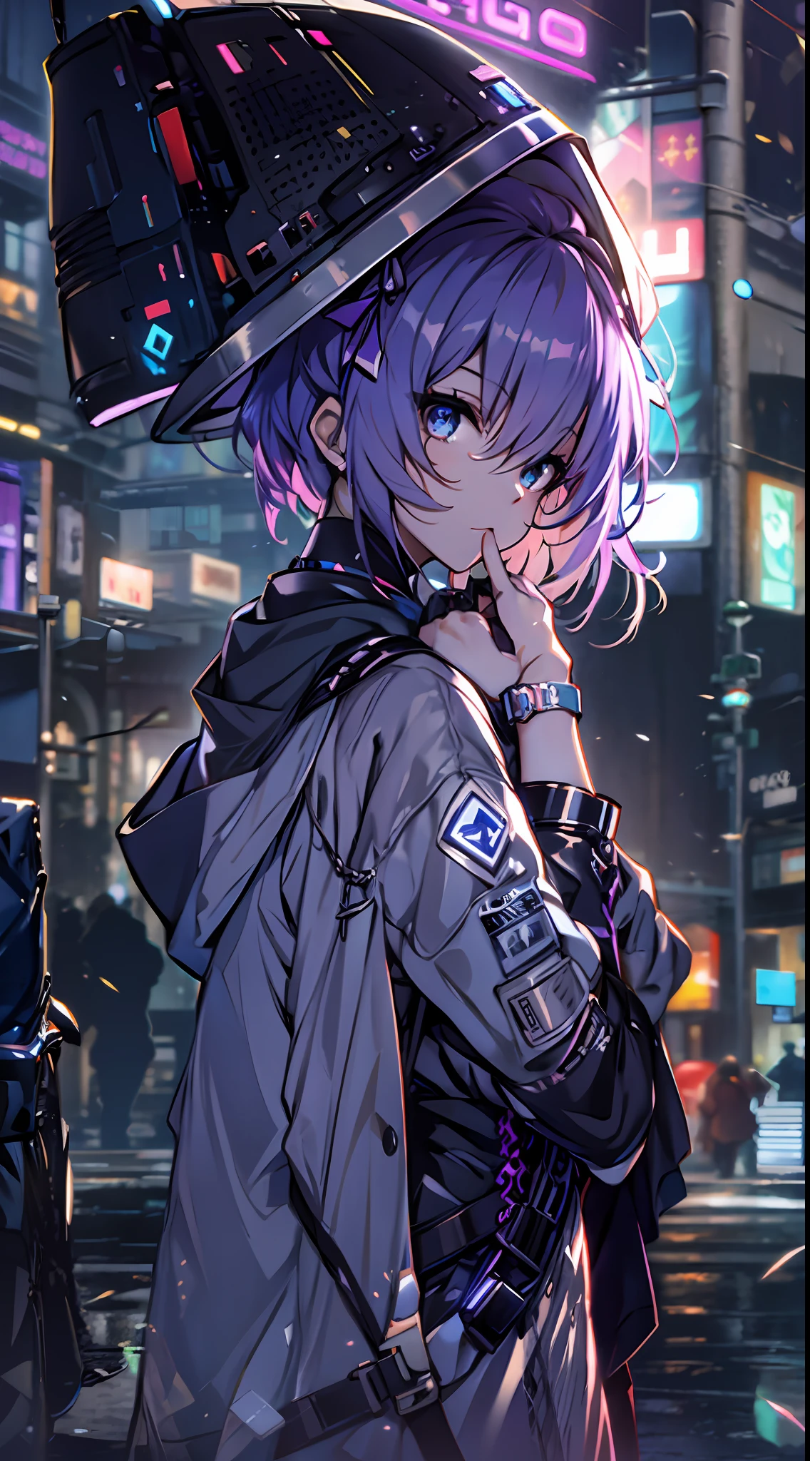 Noite, Fundo colorido da cidade cyberpunk, chuva, menina de rua, seele,honkai impact,, olhos azuis, olhos brilhantes, Meias pretas, retroiluminado, brilhar, Surveying the audience, Low angle lens, olhando para cima lente, perfect composition, delicadeza perfeita de luz e sombra, 8k