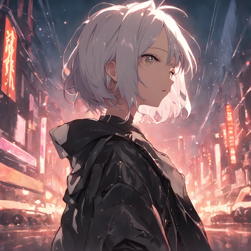 Masterpiece, Best Quality, ultra detail, (A  girl), white colored hair, (Short Hair Hair), Black Long Jacket, white tshirt, black leather pants, turning to face the viewer, against the backdrop of the city, Simple background