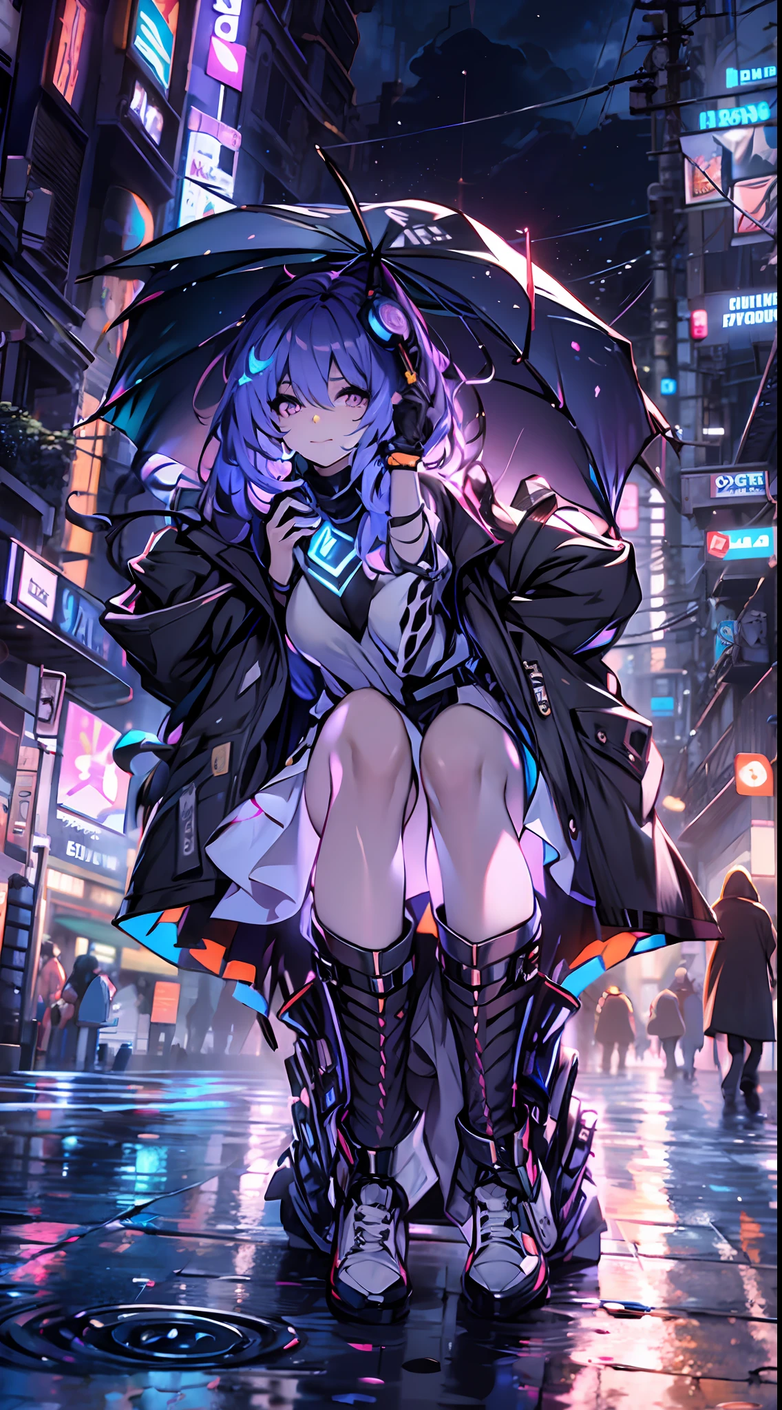Noite, Fundo colorido da cidade cyberpunk, chuva, de rua, seele,honkai impact,, olhos azuis, olhos brilhantes, Meias pretas, retroiluminado, brilhar, Surveying the audience, Low angle lens, olhando para cima lente, perfect composition, delicadeza perfeita de luz e sombra, 8k