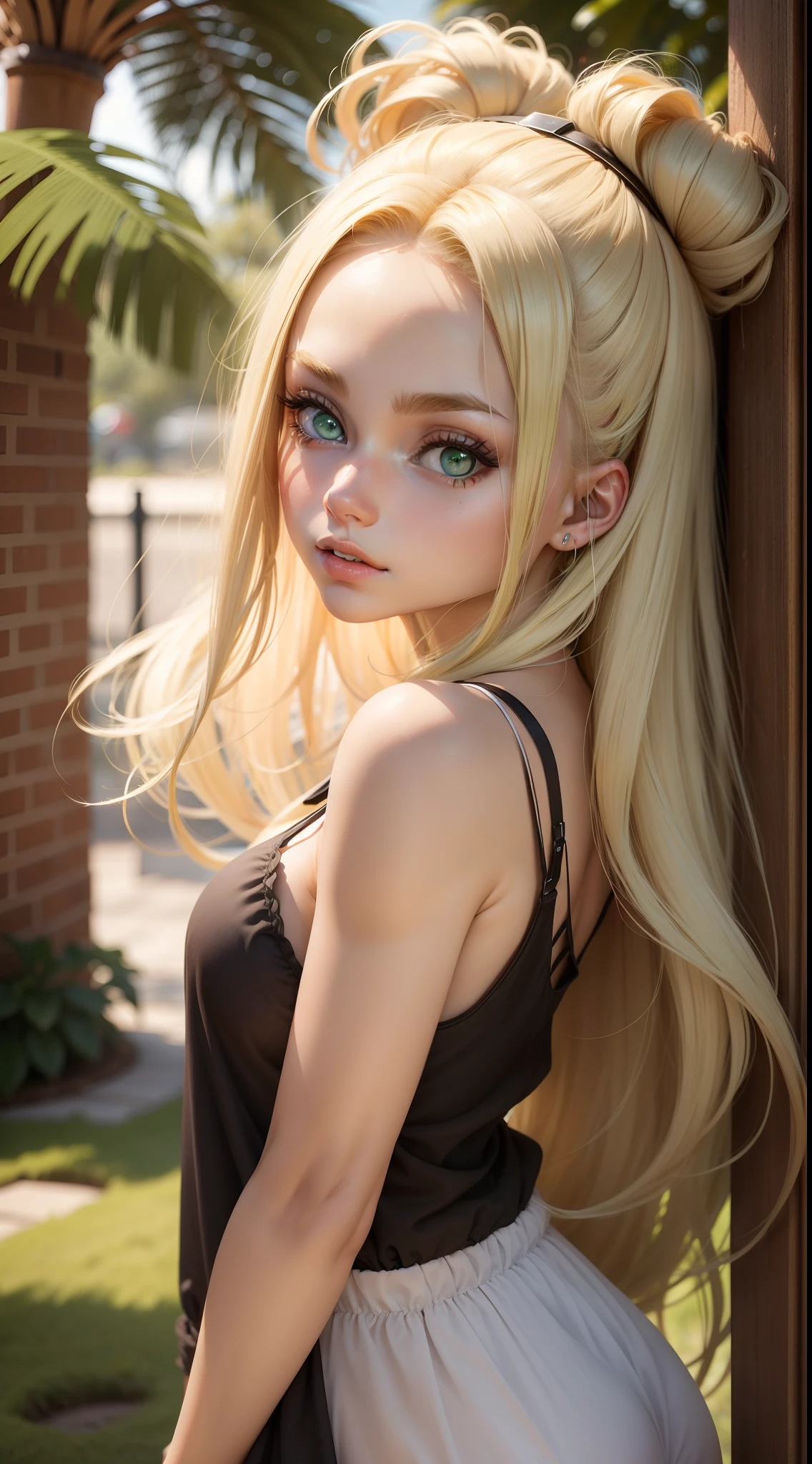 Blonde hair , green eyes  ,lightly tan skin ,  age 15, black  skirt and a silk top , goth