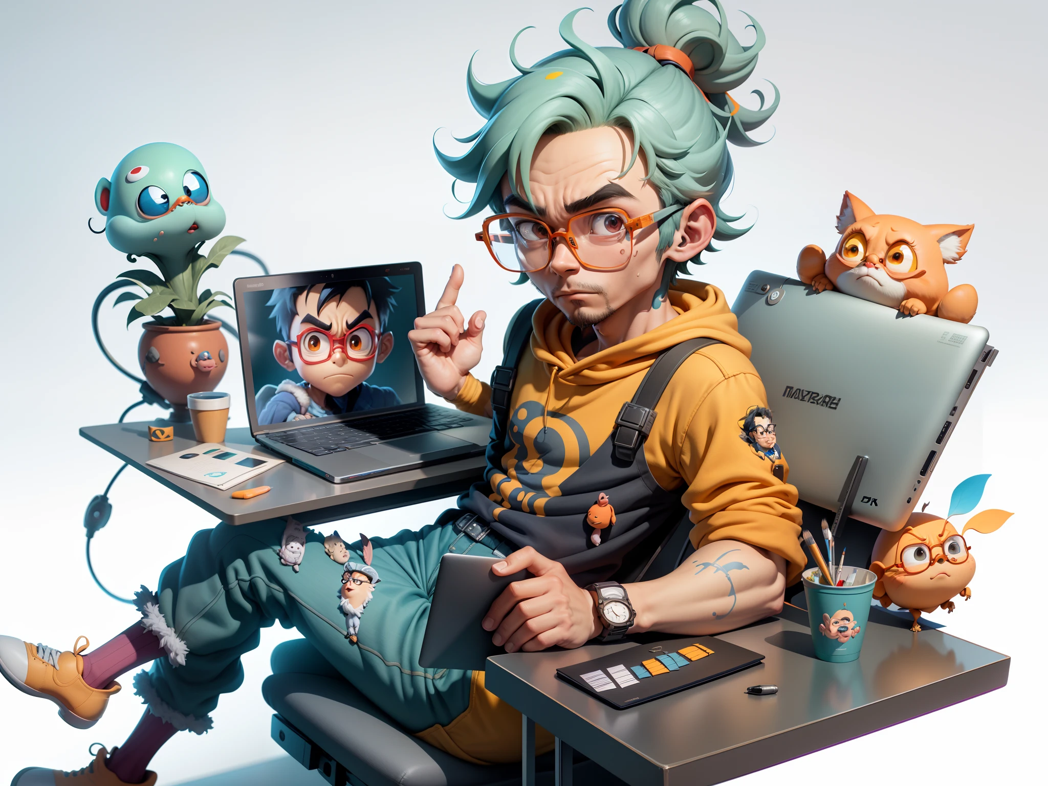 A young man with glasses sits at his desk,holding laptop,digitial painting,3D character design by Mark Clairen and Pixar and Hayao Miyazaki and Akira Toriyama,4K HD illustration,Very detailed facial features and cartoon-style visuals。