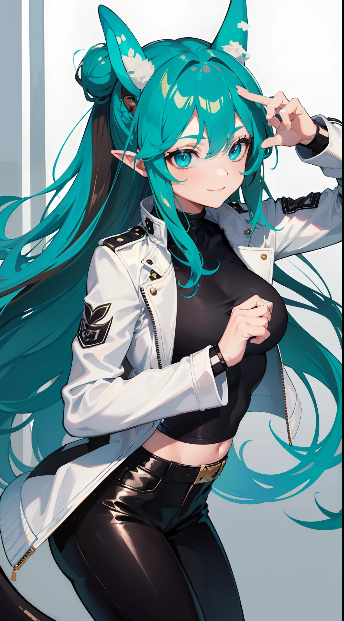 Adult woman, long brown hair, hair in a bun, Cyan eyes, dragon horns, Black tight pants, Black tight top, White leather jacket, ssmile, Masterpiece, hiquality