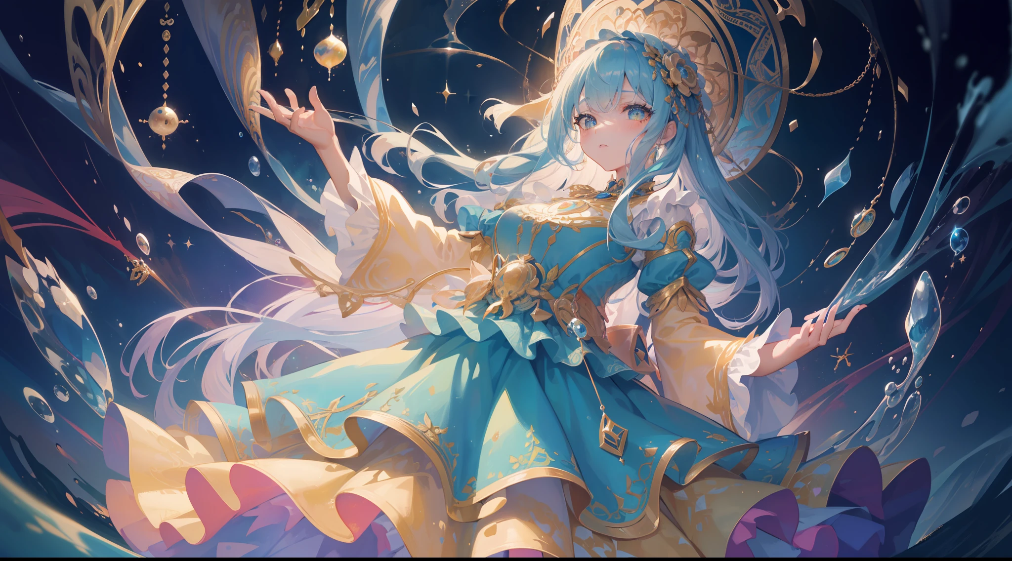 masterpiece, best quality, 8k resolution, sharp focus, intricate detail, beautiful girls, multiple girls, duo, trio, sparkling eyes, golden ratio face, otherworldly liquid, watercolor, cool colors, bright colors, whimsical, colorful, sharp focus, high resolution, fine detail, ((layered tiered puffy long sleeves ballgown)), ((round eyes)), iridescent bubbles, fantasia background