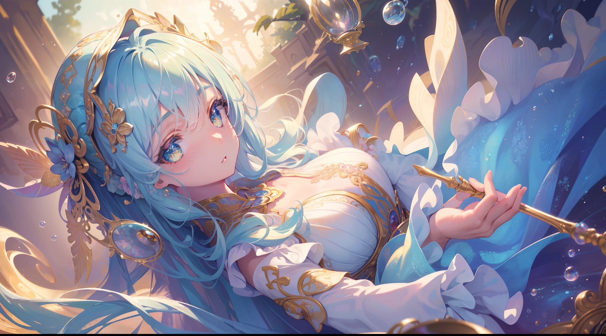 masterpiece, best quality, 8k resolution, sharp focus, intricate detail, beautiful girls, multiple girls, duo, trio, sparkling eyes, golden ratio face, otherworldly liquid, watercolor, cool colors, bright colors, whimsical, colorful, sharp focus, high resolution, fine detail, ((layered tiered puffy long sleeves ballgown)), ((round eyes)), iridescent bubbles, fantasia background
