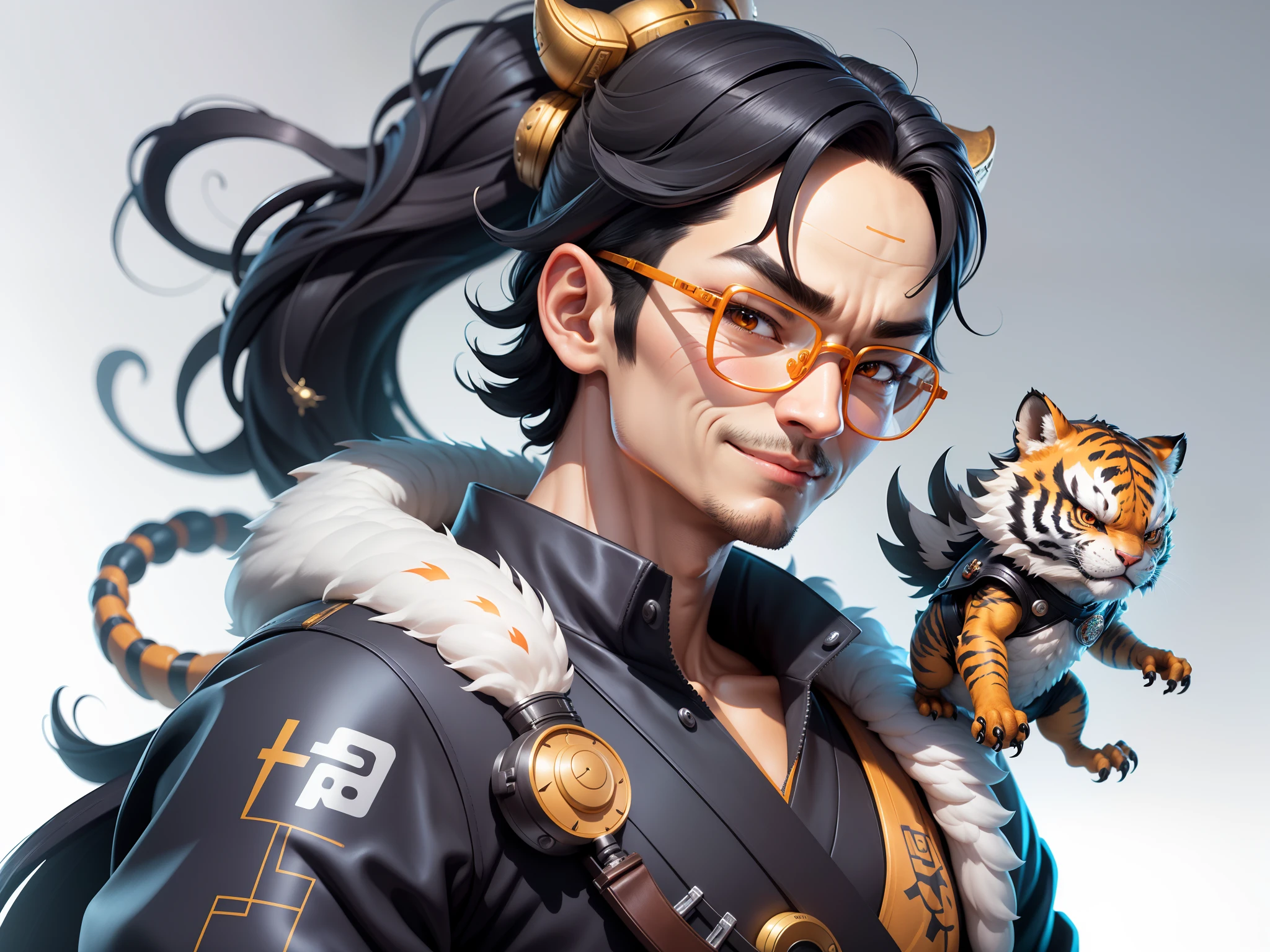 (Masterpiece), (Excellent), (Super Meticulous), (Full Body: 1.2), Super Young Man with Japanese Female Geisha, Pretty, Beautiful, Chinese Dragon, Tiger, Wind God Thor, Sexy, Bursting, Oriental Face, TV Anchor, Bust Portrait Illustration, Black Suit, Blue Tie, Slightly Chubby Face, Silver Glasses, Very Clean Face, No Beard on Chin, Black Super Short Hair, Black Eyes, Confident Smile, 3c Computer Sub-Products, iPad, iPhone, Digital Painting, 3D character design by Mark Clairedon and Pixar and Hayao Miyazaki and Akira Toriyama, the illustrations are HD illustrations in 4K resolution with highly detailed facial features and cartoon-style visuals.
