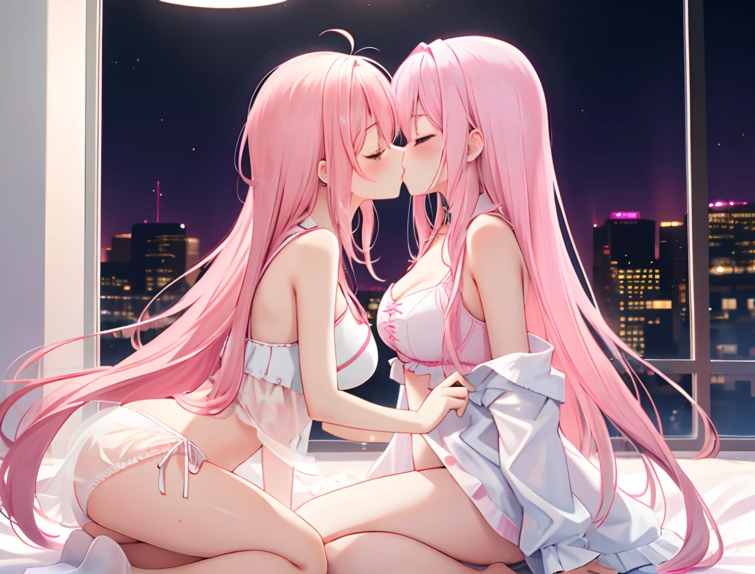 2girls，A pink-haired，long whitr hair，mediuml breasts，Wear only a bra，Breast collision，Light panties，Kiss