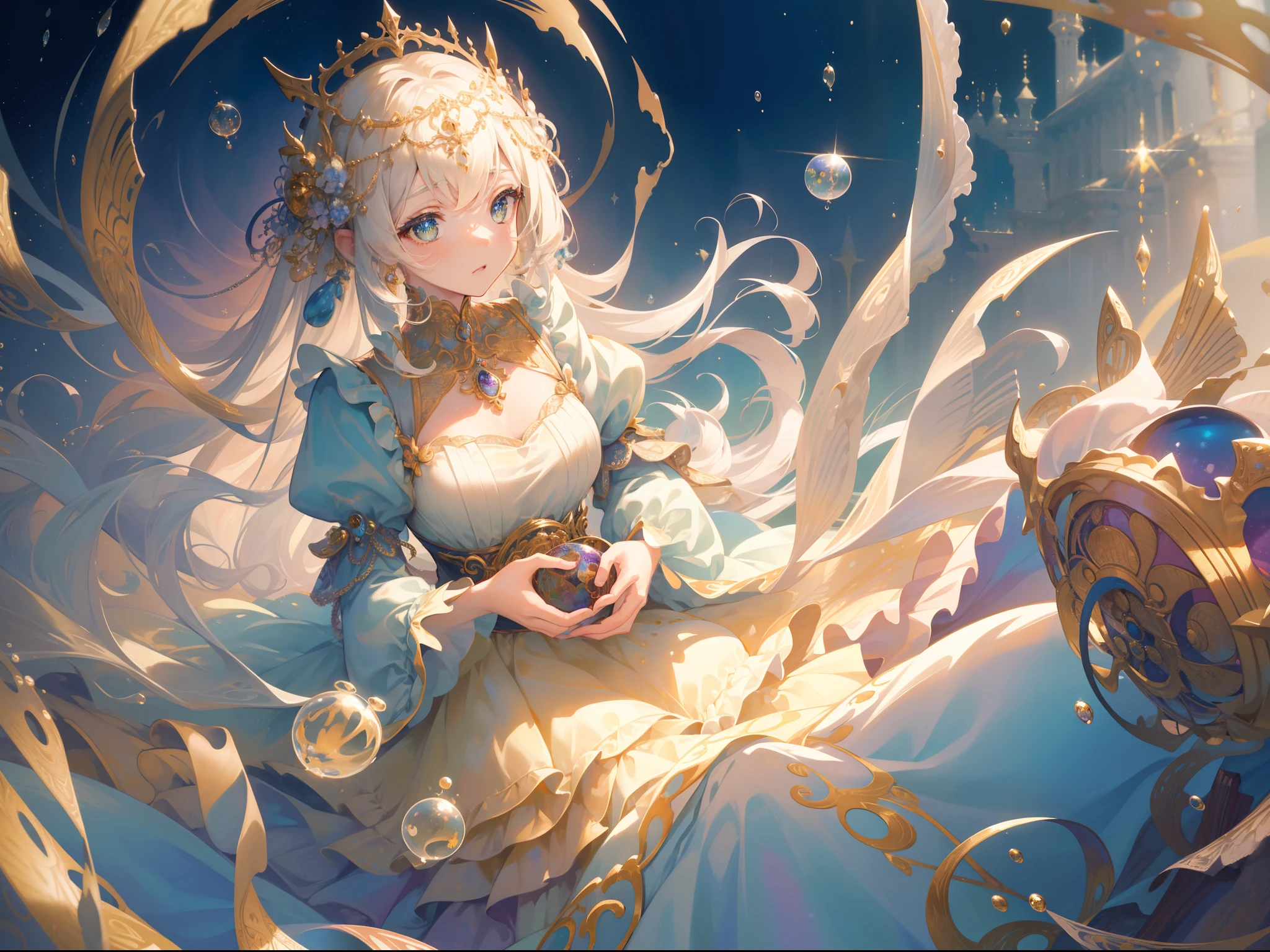 masterpiece, best quality, 8k resolution, sharp focus, intricate detail, beautiful girls, multiple girls, duo, trio, sparkling eyes, golden ratio face, otherworldly liquid, watercolor, muted colors, bright colors, whimsical, colorful, sharp focus, high resolution, fine detail, ((layered tiered puffy long sleeves ballgown)), ((round eyes)), iridescent bubbles, fantasia background