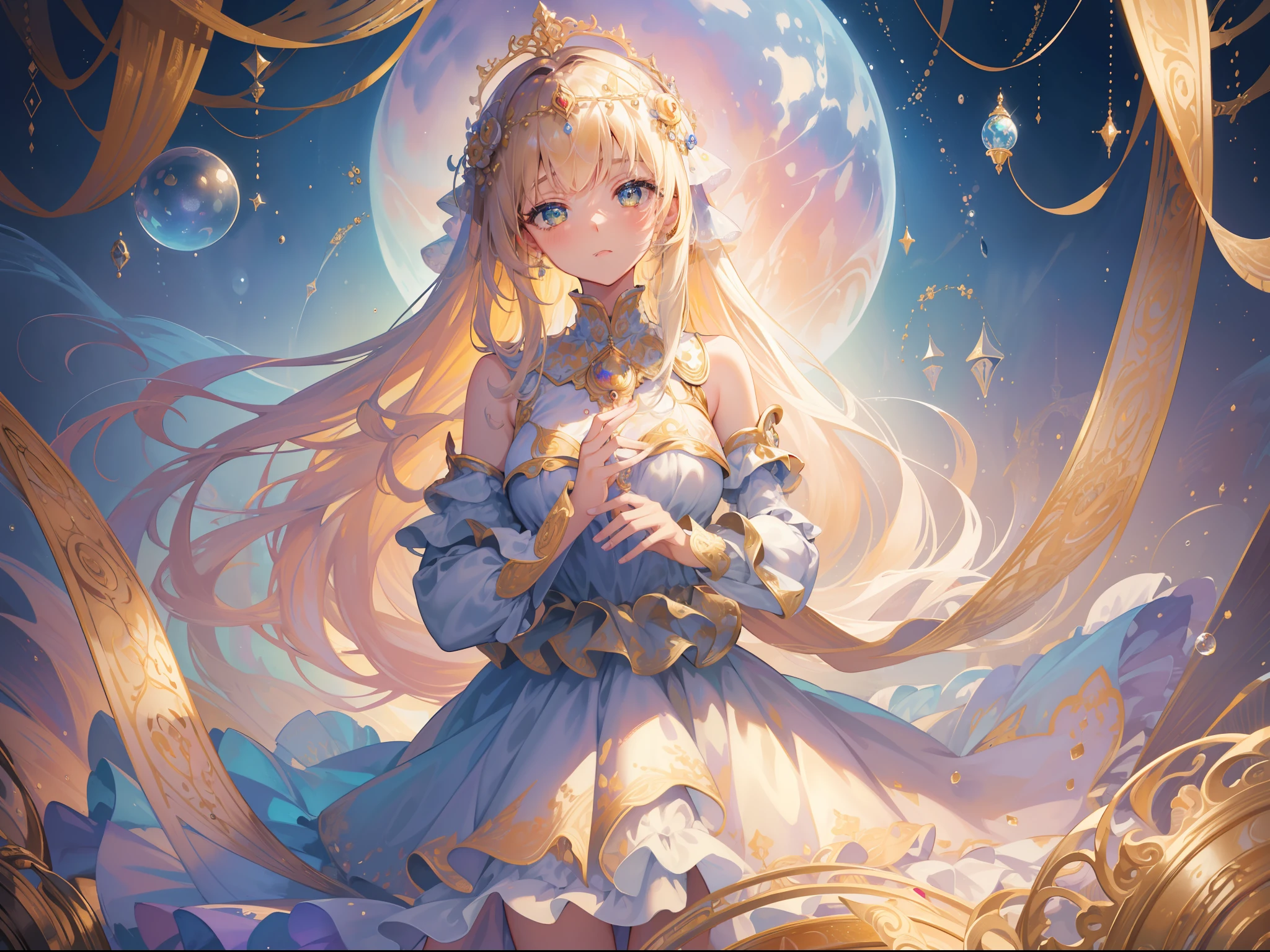 masterpiece, best quality, 8k resolution, sharp focus, intricate detail, beautiful girls, multiple girls, duo, trio, sparkling eyes, golden ratio face, otherworldly liquid, watercolor, muted colors, bright colors, whimsical, colorful, sharp focus, high resolution, fine detail, ((layered tiered puffy long sleeves ballgown)), ((round eyes)), iridescent bubbles, fantasia background