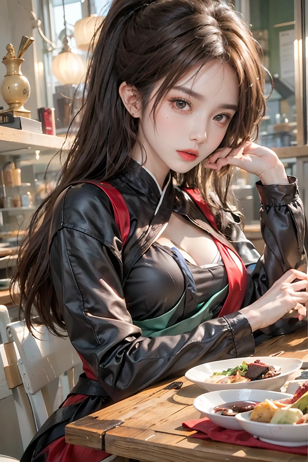 (8k, RAW photo, best quality, masterpiece:1.2), ultra-detailed, perfect detail , looking at viewer, make up, seductive, shamefaced, (young:1.2),((20 year old)), beautiful face, beautiful eyes, (((perfect female body, narrow waist))), red hair, asian appearance, hourglass figure, green eyes, beautiful appearance, red silk dress, puffy lips, black heels, in the restaurant, wavy hair, light makeup, mole under the lip, tattoo on the shoulder
