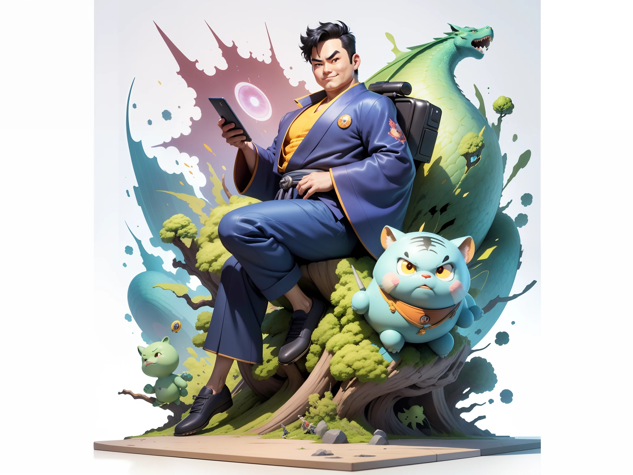 (Masterpiece), (Excellent), (Super Meticulous), (Full Body: 1.2), Super Young Man, Oriental Face, Japanese Kimono, Japanese Wind Thunder God, Dragon, Tiger, TV Anchor, Bust Portrait Illustration, Alone, Black Suit, Blue Tie, Slightly Chubby Face, Very Clean Face, No Beard, Black Super Short Hair, Black Eyes, Confident Smile, 3c Computer Sub-Products, iPad, iPhone, Digital Painting, 3D Character Design by Akira Toriyama and Mark Claireden and Pixar and Hayao Miyazaki, The illustration is a high-definition illustration in 4K resolution with very detailed facial features and cartoon-style visuals.