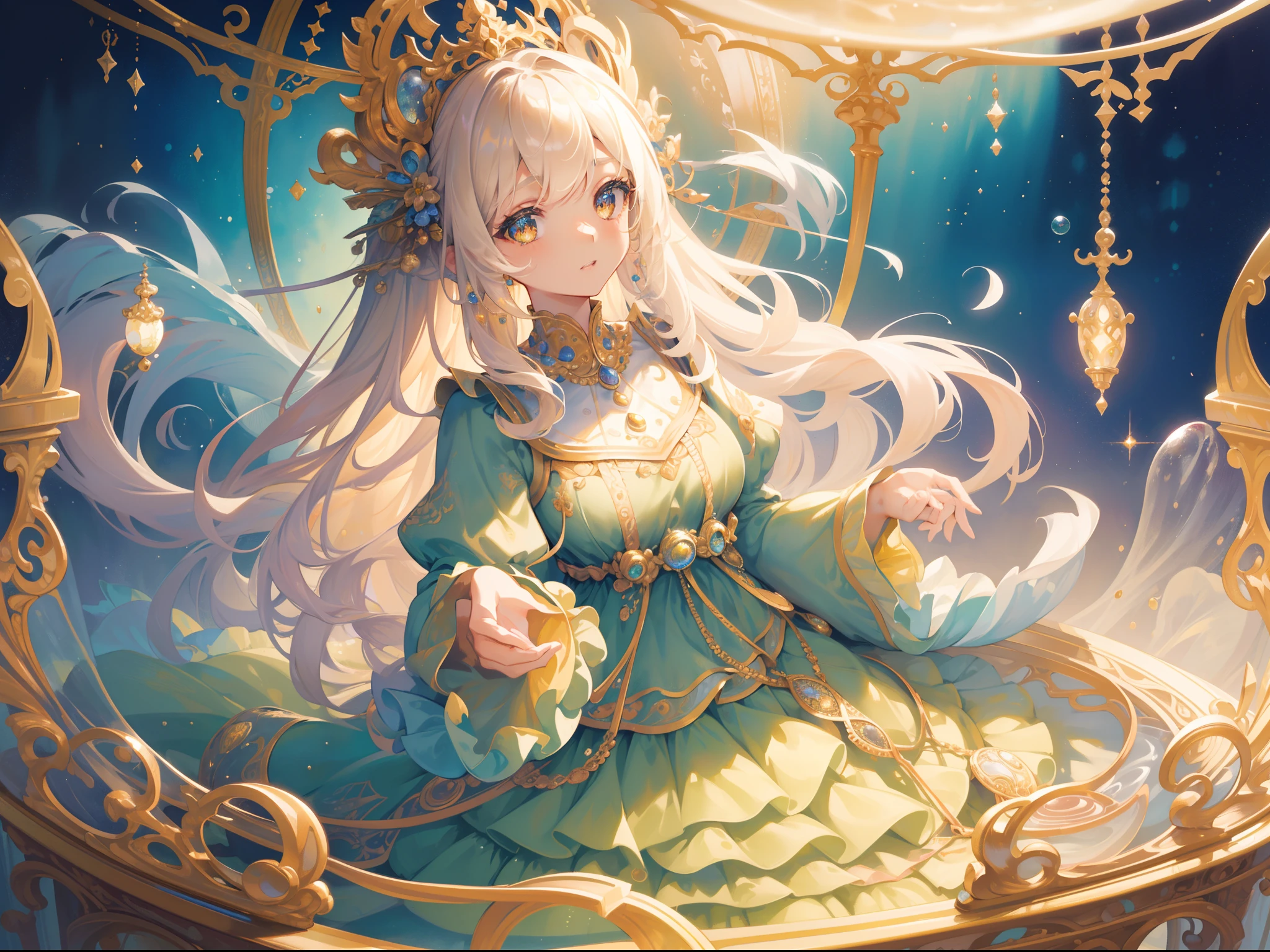 masterpiece, best quality, 8k resolution, sharp focus, intricate detail, beautiful girls, multiple girls, duo, trio, sparkling eyes, golden ratio face, otherworldly liquid, watercolor, muted colors, bright colors, whimsical, colorful, sharp focus, high resolution, fine detail, ((layered tiered puffy long sleeves ballgown)), ((round eyes)), iridescent bubbles, fantasia background