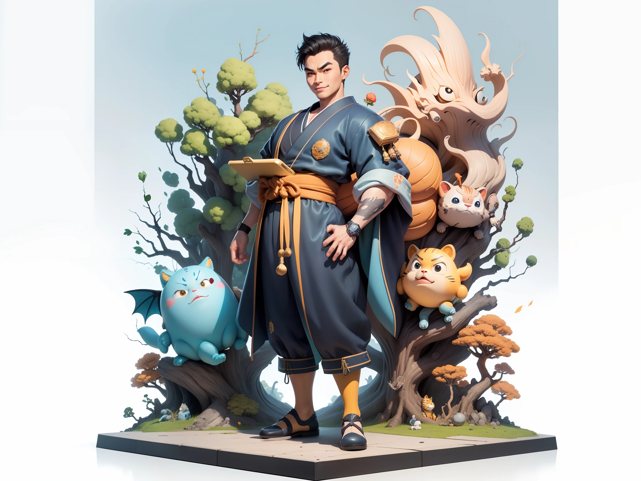 (Masterpiece), (Excellent), (Super Meticulous), (Full Body: 1.2), Super Young Man, Oriental Face, Japanese Kimono, Japanese Wind Thunder God, Dragon, Tiger, TV Anchor, Bust Portrait Illustration, Alone, Black Suit, Blue Tie, Slightly Chubby Face, Very Clean Face, No Beard, Black Super Short Hair, Black Eyes, Confident Smile, 3c Computer Sub-Products, iPad, iPhone, Digital Painting, 3D Character Design by Akira Toriyama and Mark Claireden and Pixar and Hayao Miyazaki, The illustration is a high-definition illustration in 4K resolution with very detailed facial features and cartoon-style visuals.