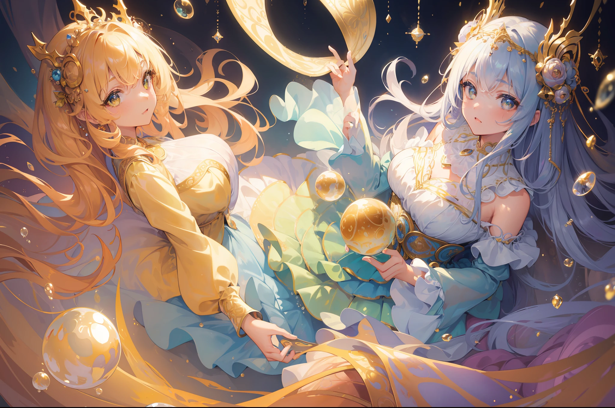 masterpiece, best quality, 8k resolution, sharp focus, intricate detail, beautiful girls, multiple girls, duo, trio, sparkling eyes, golden ratio face, otherworldly liquid, watercolor, muted colors, bright colors, whimsical, colorful, sharp focus, high resolution, fine detail, ((layered tiered puffy long sleeves ballgown)), ((round eyes)), iridescent bubbles, fantasia background