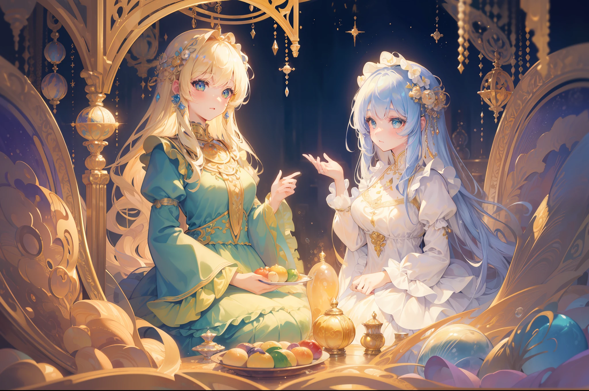 masterpiece, best quality, 8k resolution, sharp focus, intricate detail, beautiful girls, multiple girls, duo, trio, sparkling eyes, golden ratio face, otherworldly liquid, watercolor, muted colors, bright colors, whimsical, colorful, sharp focus, high resolution, fine detail, ((layered tiered puffy long sleeves ballgown)), ((round eyes)), iridescent bubbles, fantasia background