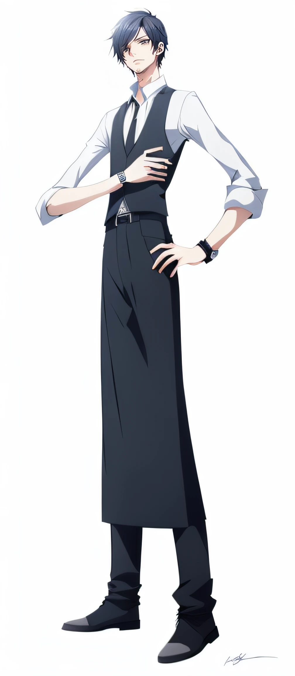 um close up de uma pessoa com um vestido preto e gravata, single character full body, !!retrato de Corpo inteiro!!, cara de anime alto com olhos azuis, retrato de Corpo inteiro, full length illustration, arte oficial do personagem, full body single character, anime full body illustration, Corpo inteiro!!, imagem de anime shuushuu, cheio_Corpo!!, retrato de Corpo inteiro