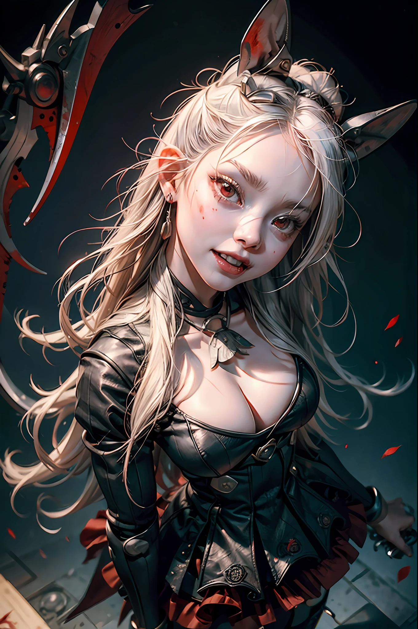of a real，Perfect facial features，Realistic skin texture，Cute  vampire girl，closeup cleavage，head portrait，with her mouth open，（See the throat：1.4），Blood-red eyes，（long canine teeth：1.4），There is blood on the teeth，long whitr hair，（blood stains at the corners of the mouth：1.4），Blood，depth of fields，dynamic blur，high light，Real light，Ray traching，oc rendered，Hyper-realistic，best qualtiy，8K，Works of masters，super-fine，Detailed pubic hair，Correct anatomy，sharp focus on eyes，Bokeh，Facial features are carefully depicted