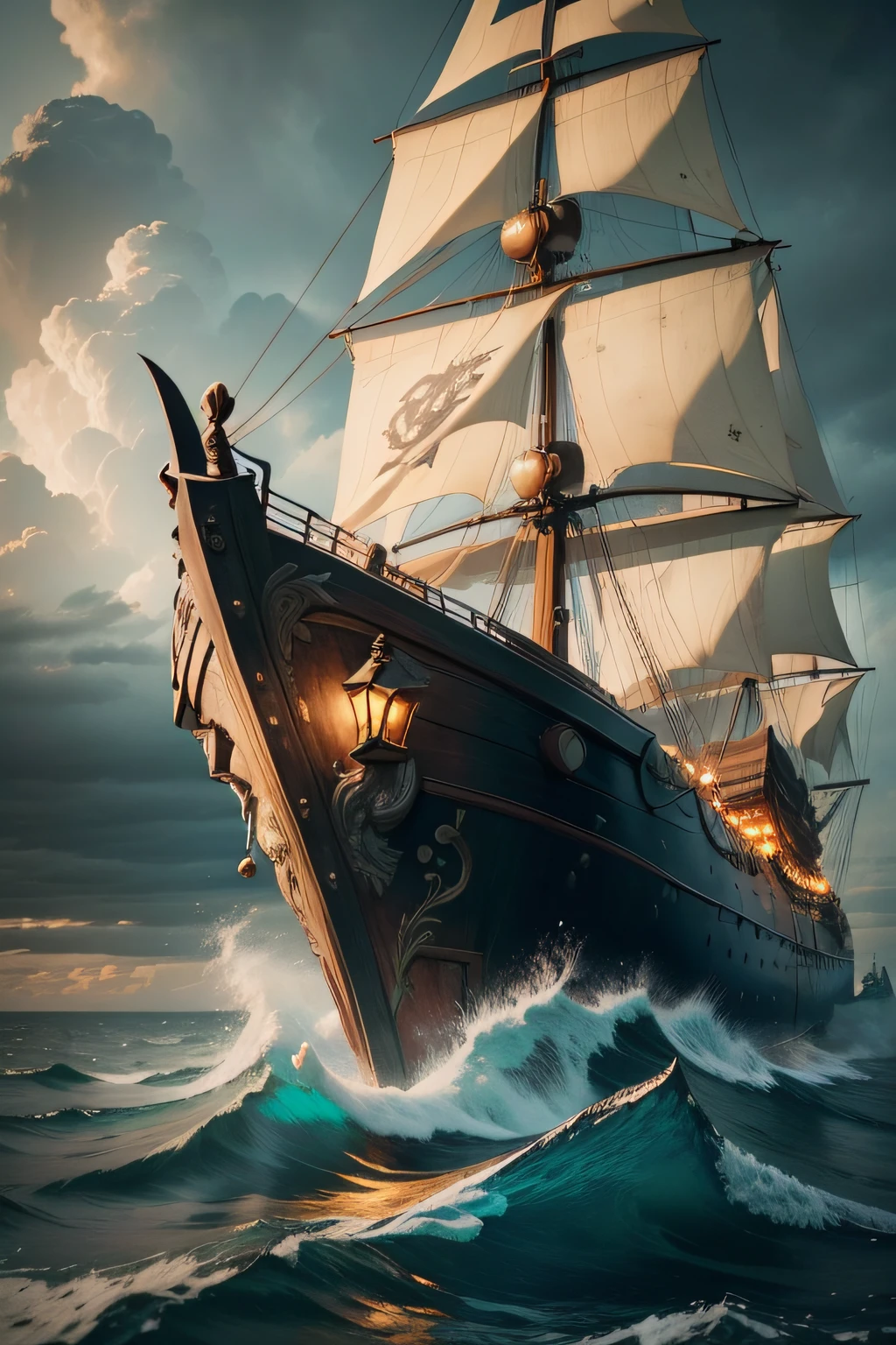 A Viking is standing on the deck of a Viking ship, Sailing through stormy seas. He's holding the mast with one hand and looking into the distance, with a given expression. The sky is overcast and the sea rough, giving a sense of challenge and adventure. The ship is richly decorated with rustic carvings and Viking symbols, giving a sense of pride in heritage.