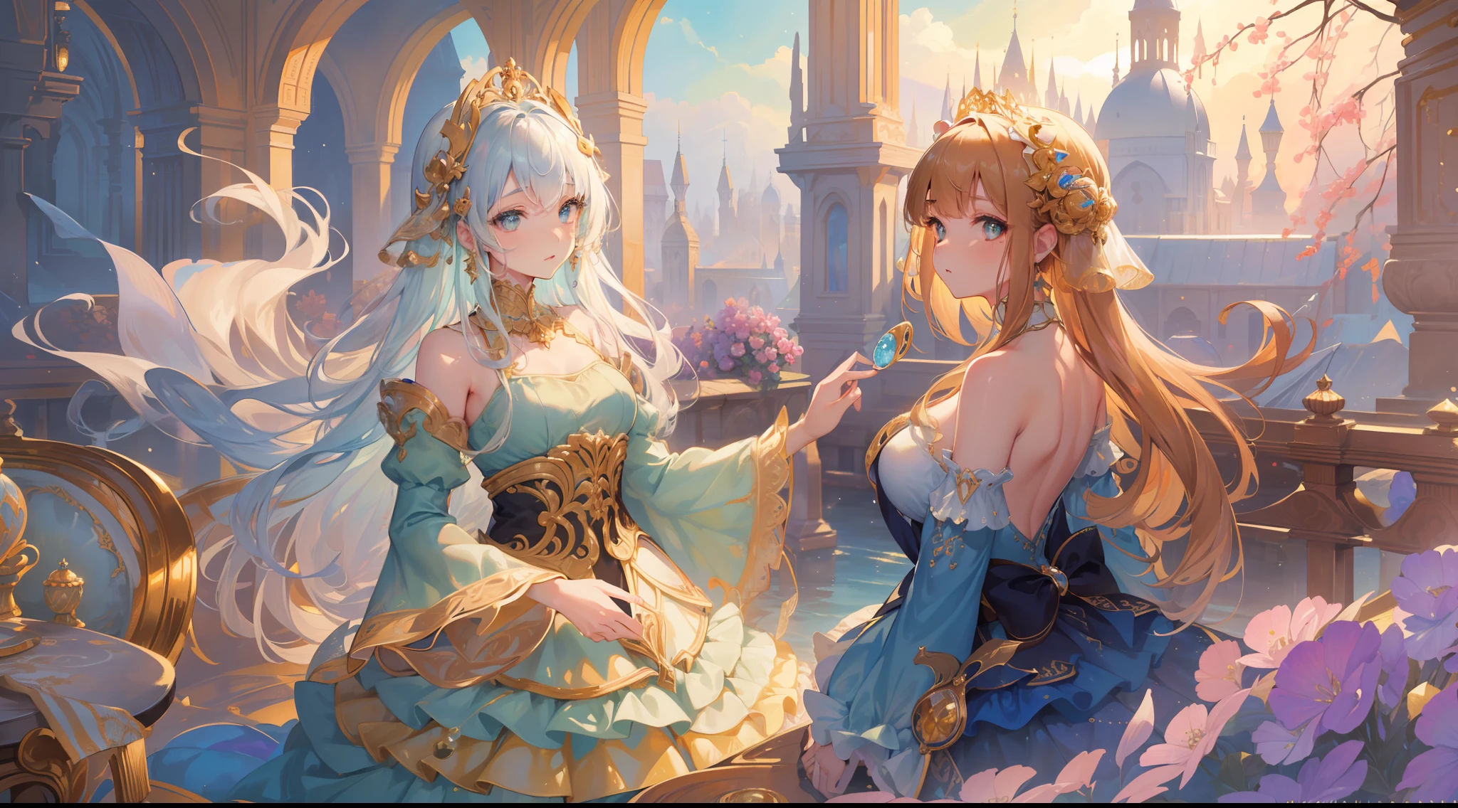 masterpiece, best quality, 8k resolution, sharp focus, intricate detail, beautiful girls, multiple girls, duo, trio, sparkling eyes, golden ratio face, otherworldly liquid, watercolor, muted colors, bright colors, whimsical, colorful, sharp focus, high resolution, fine detail, ((layered tiered puffy long sleeves ballgown)), ((round eyes)), iridescent bubbles, fantasia background