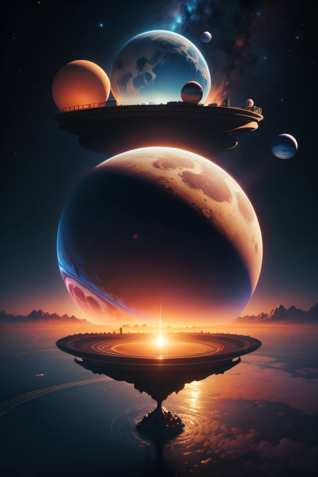 Create an image with planets in unrealistic proportions and colors. Add a surrealistic touch by depicting floating planets in different sizes and with imaginative landscapes.