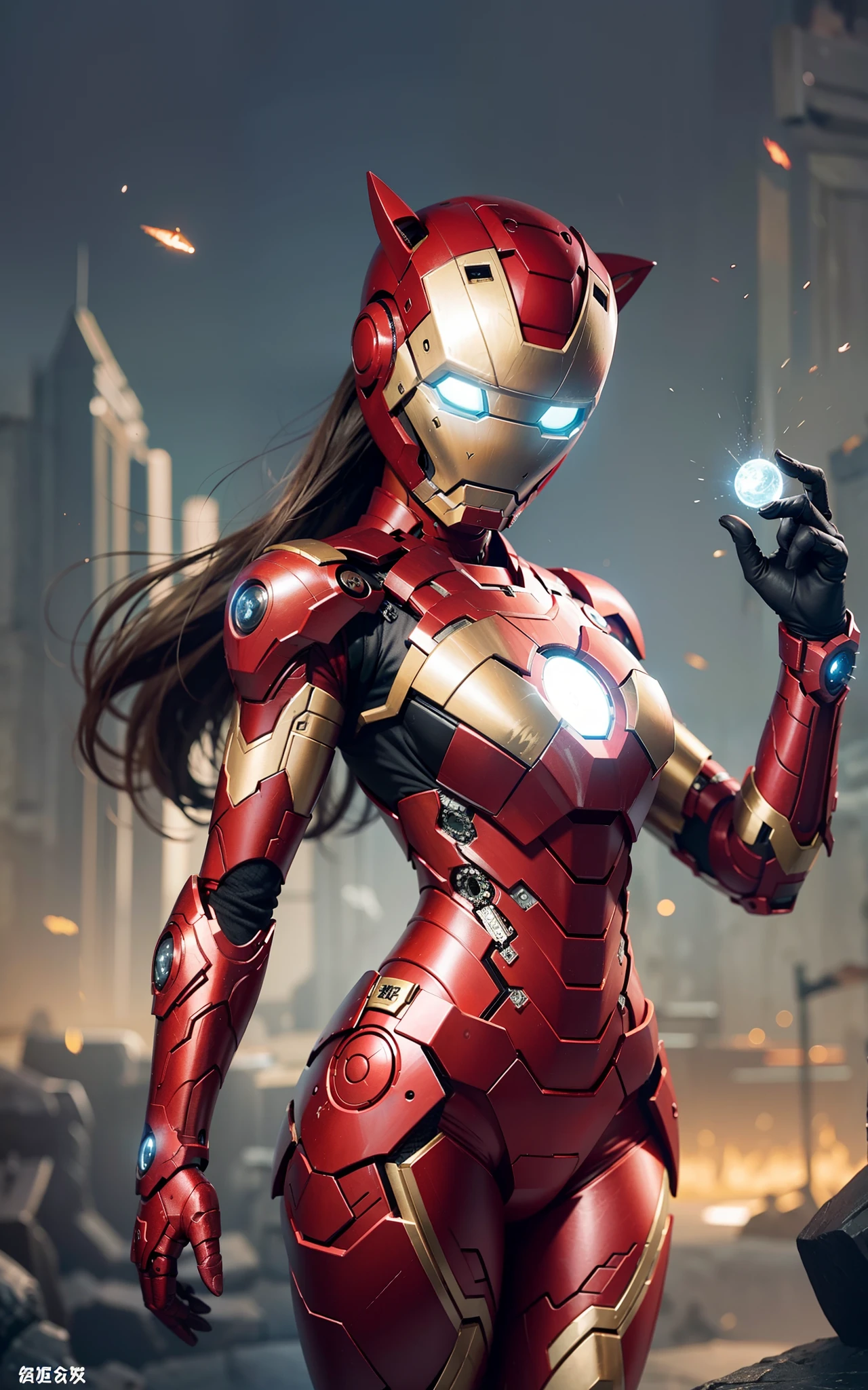 A cute cat wearing black Iron Man armor,Fly in the cyberworld,Hongya Cave, Chongqing