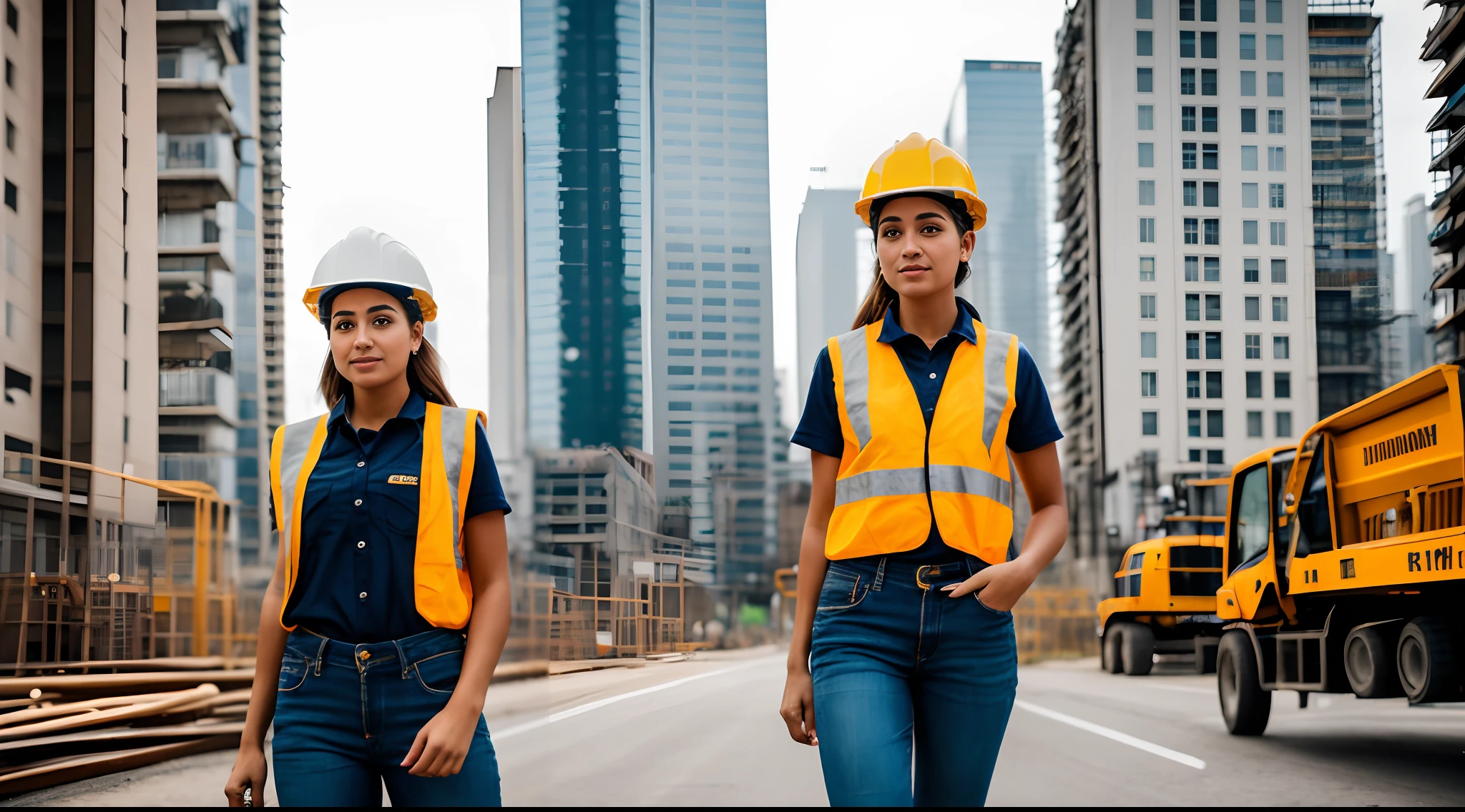 A charming young woman dressed in a construction worker's attire, exuding confidence and determination amidst the urban landscape, Canon EOS R6 with 24-70mm f/2.8 lens, natural sunlight, urban lifestyle photography.