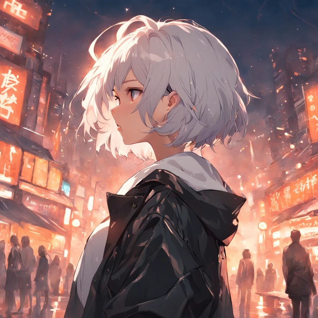 Masterpiece, Best Quality, ultra detail, (A girl), white colored hair, (Short Hair Hair), Black Long Jacket, white tshirt, black leather pants, (looks at the viewer), in full height, against the backdrop of the city, Simple background