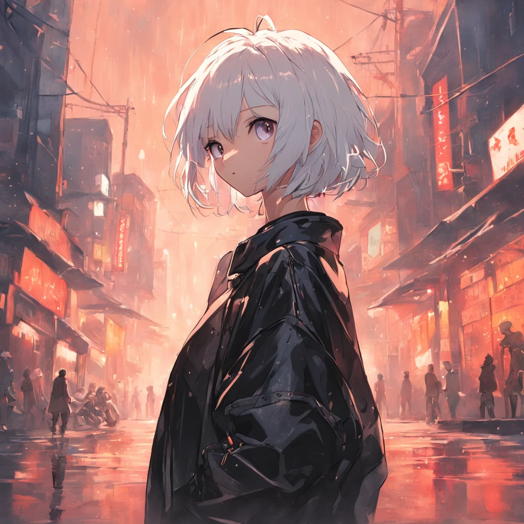 Masterpiece, Best Quality, ultra detail, (A girl), white colored hair, (Short Hair Hair), Black Long Jacket, white tshirt, black leather pants, (looks at the viewer), in full height, against the backdrop of the city, Simple background