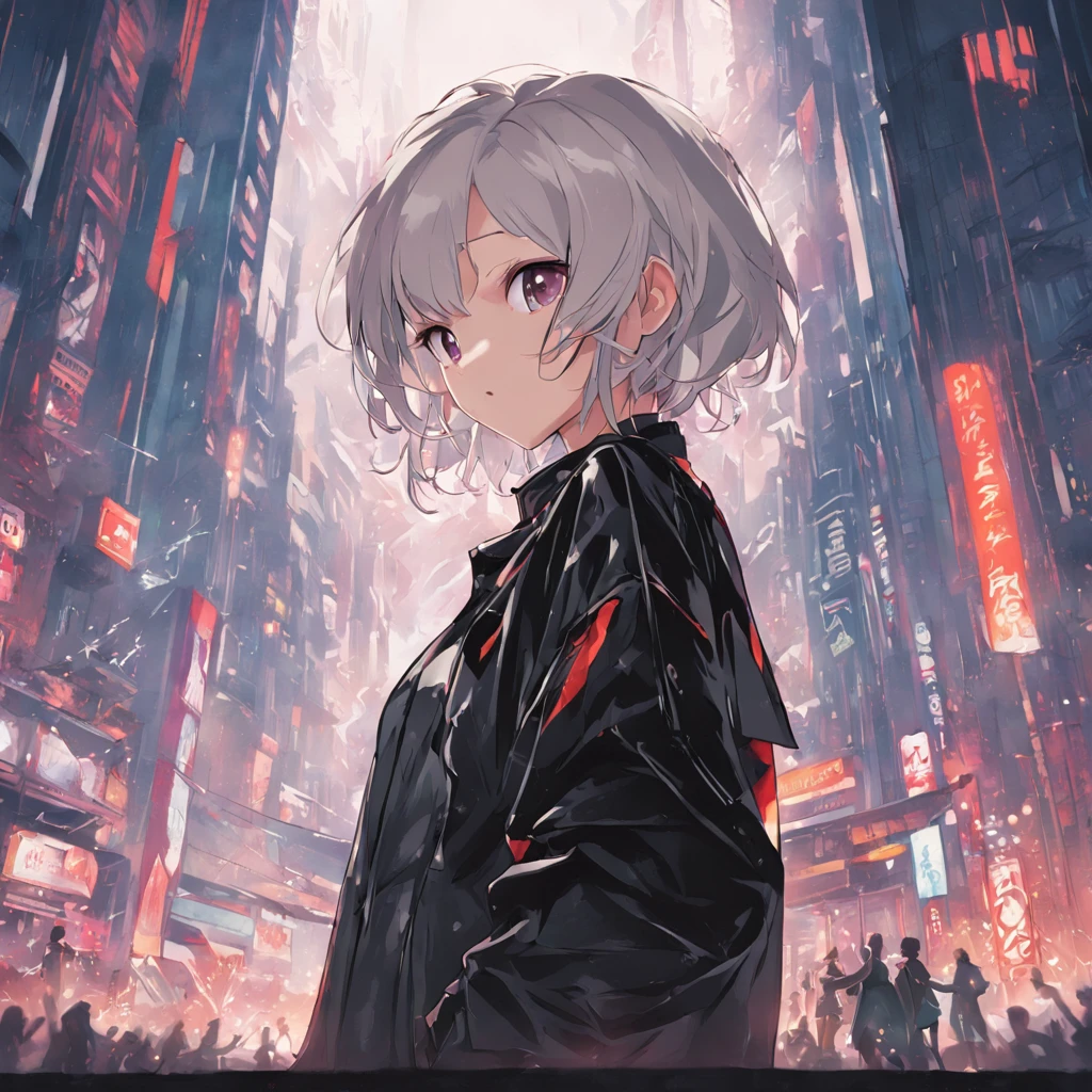 Masterpiece, Best Quality, ultra detail, (A girl), white colored hair, (Short Hair Hair), Black Long Jacket, white tshirt, black leather pants, (looks at the viewer), in full height, against the backdrop of the city, Simple background