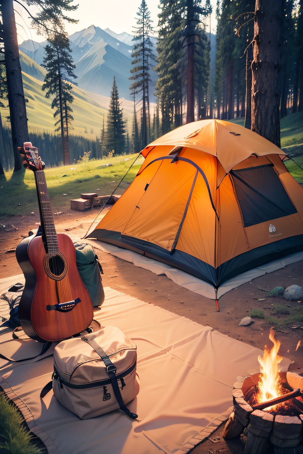 tent and backpack and guitar and campfire colioring page