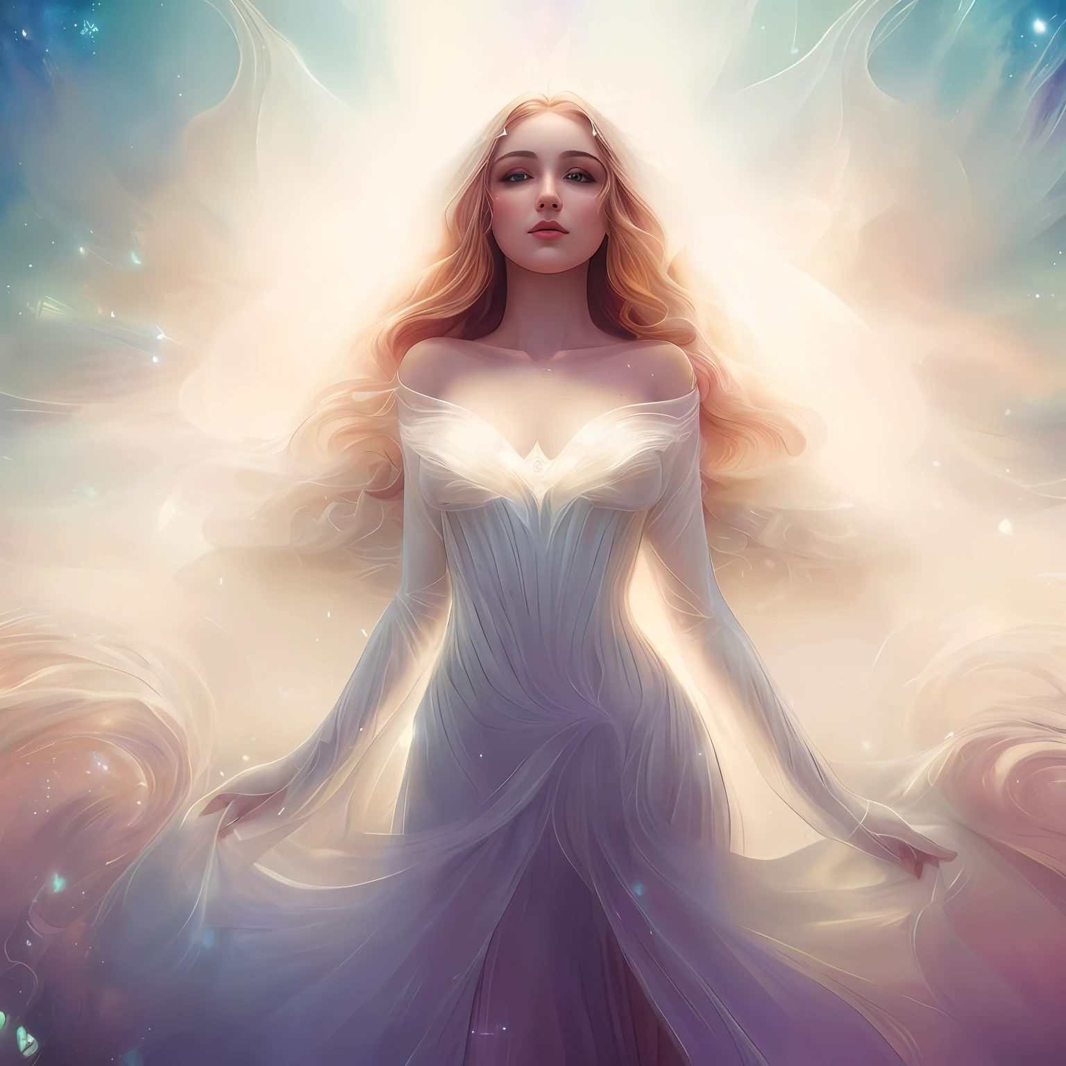 uma pintura de uma mulher virgem em um vestido branco, Ethereal Angelic Being of Light, ser angelical brilhante, ethereal beauty, Deusa da Luz, aura branca brilhante, a stunning young ethereal figure, Ethereal Fantasy, arte digital fantasia arte, bela arte de fantasia, ethereal light, bela arte digital, Anna Dittman, retrato bonito da arte da fantasia, Angelic Light, (((vestido longo))), (((corpo coberto)))