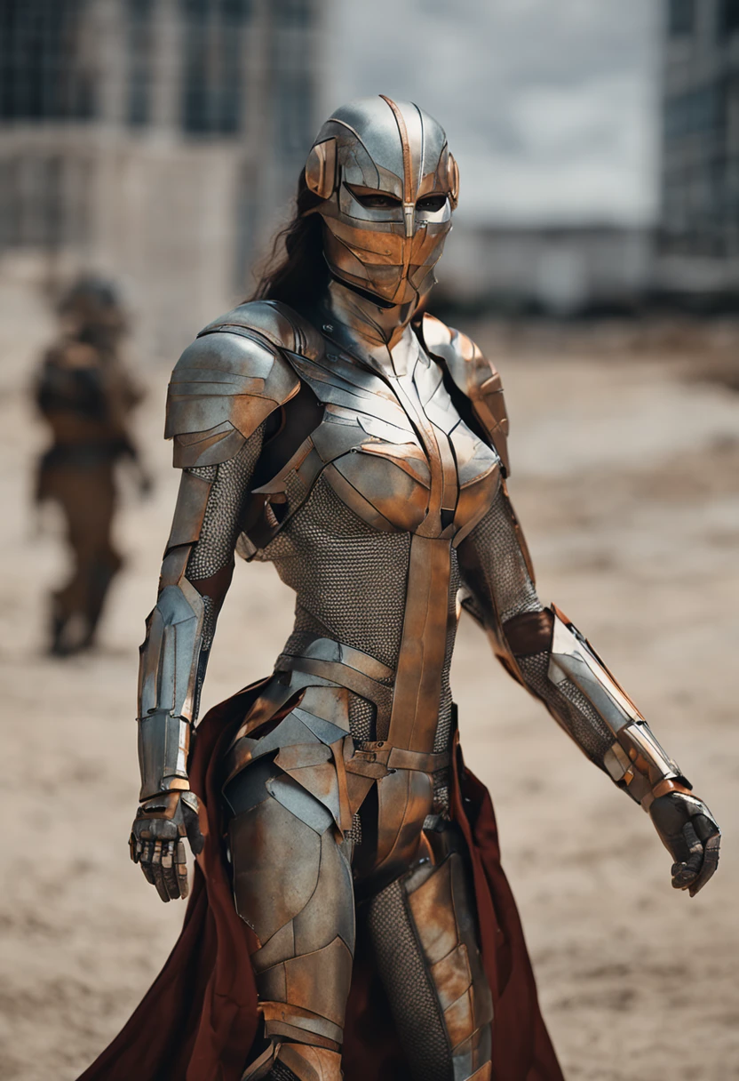 Tiro grande angular de corpo inteiro, mulher linda face guerreiro vestindo pesada armadura de ferro do corpo, muito detalhado e intrincado, super minimalista, elegante, gorgeous, surreal, super detalhado, Cinematic light, fantasia sombria, conceptartworld, Fim do Mundo, mal-humorado, master part ,