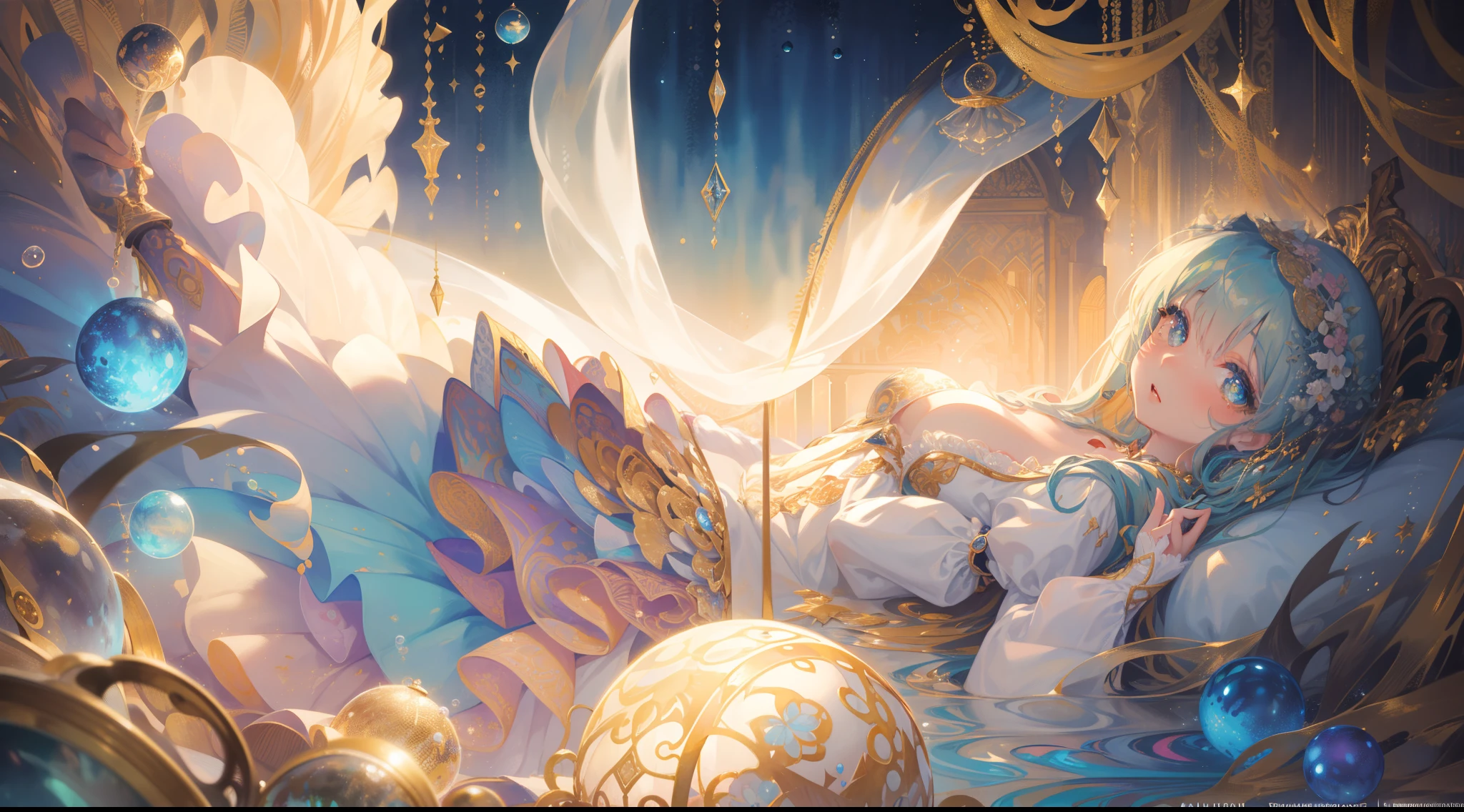 masterpiece, best quality, 8k resolution, sharp focus, intricate detail, beautiful girls, multiple girls, duo, trio, sparkling eyes, golden ratio face, otherworldly liquid, watercolor, muted colors, bright colors, whimsical, colorful, sharp focus, high resolution, fine detail, ((layered tiered puffy long sleeves ballgown)), ((round eyes)), iridescent bubbles, fantasia background