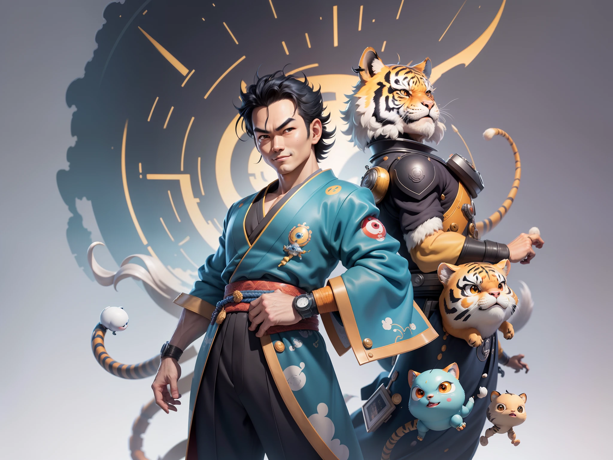(Masterpiece), (Excellent), (Super Meticulous), (Full Body: 1.2), Super Young Man, Oriental Face, Japanese Kimono, Japanese Wind Thunder God, Dragon, Tiger, TV Anchor, Bust Portrait Illustration, Alone, Black Suit, Blue Tie, Slightly Chubby Face, Very Clean Face, No Beard, Black Super Short Hair, Black Eyes, Confident Smile, 3c Computer Sub-Products, iPad, iPhone, Digital Painting, 3D Character Design by Akira Toriyama and Mark Claireden and Pixar and Hayao Miyazaki, The illustration is a high-definition illustration in 4K resolution with very detailed facial features and cartoon-style visuals.