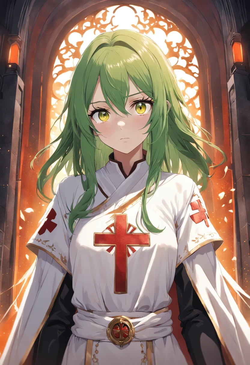 1female, orange hair, green eyes, throne room background, white robes with red cross, best quality, detailed face, detailed eyes