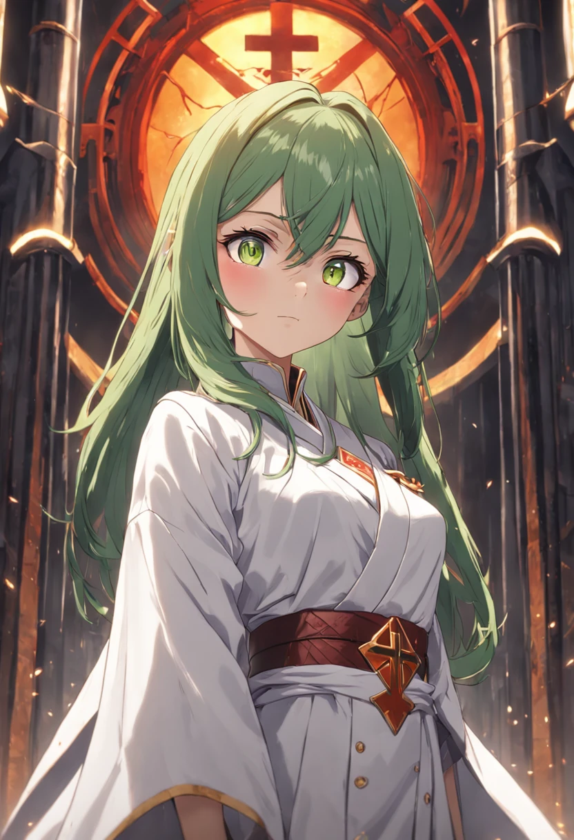 1female, orange hair, green eyes, throne room background, white robes with red cross, best quality, detailed face, detailed eyes