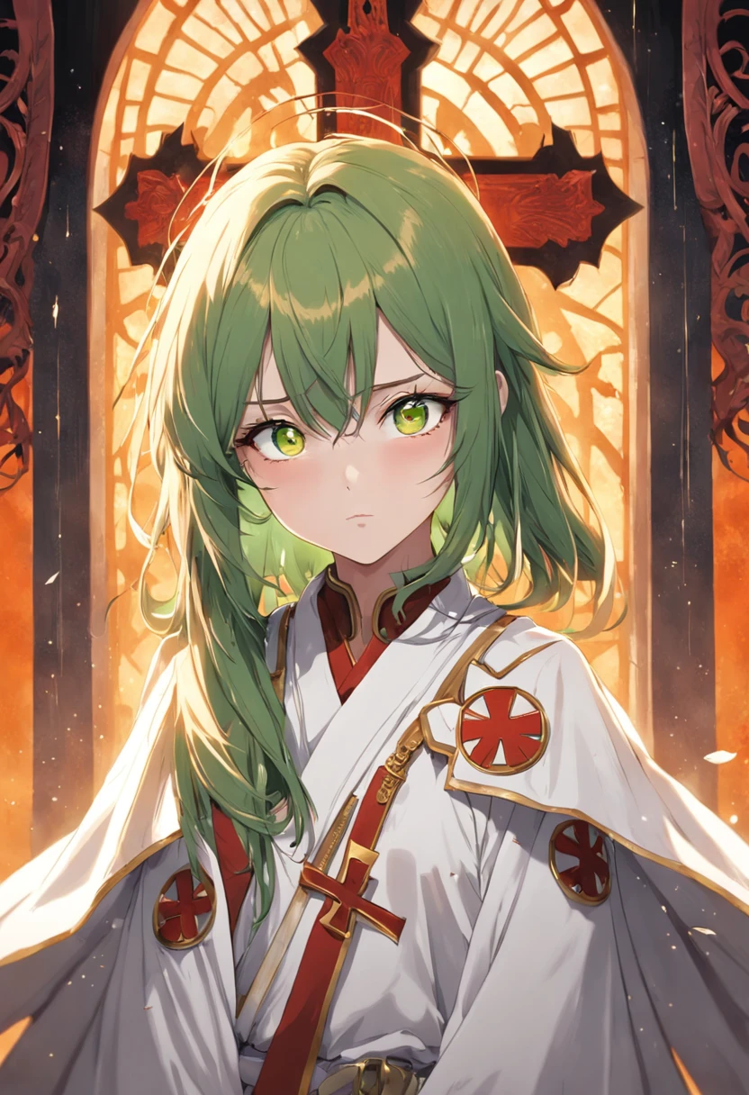 1female, orange hair, green eyes, throne room background, white robes with red cross, best quality, detailed face, detailed eyes