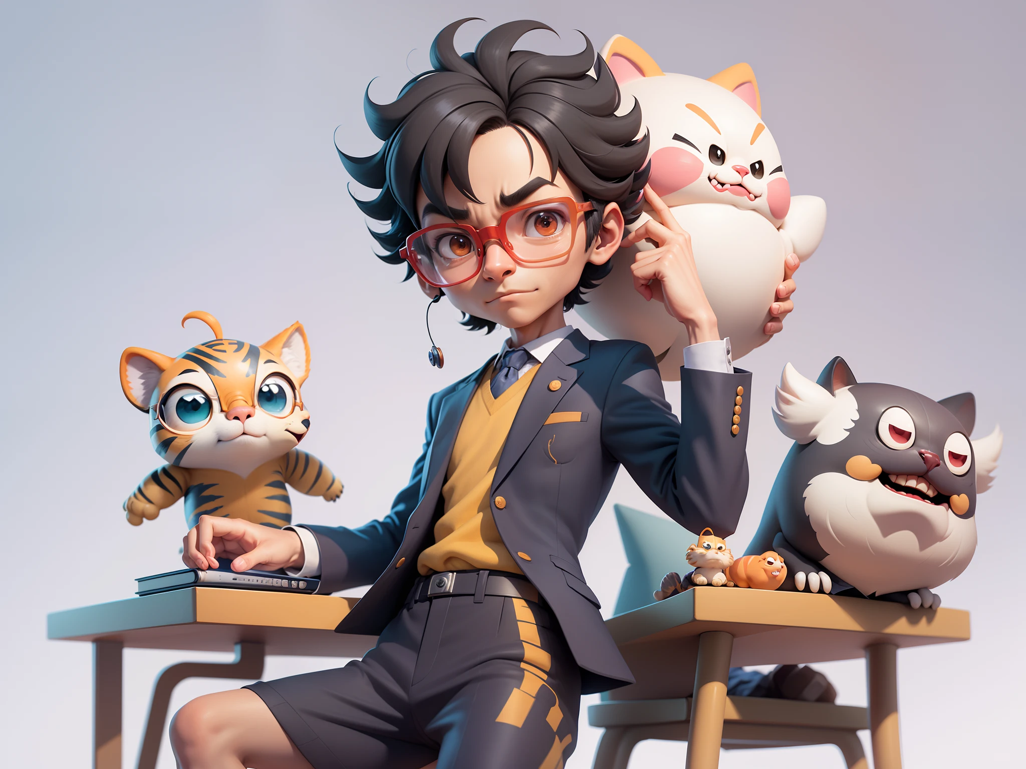 A young man in a suit, Short hair and glasses sat at his desk，holding laptop，digitial painting，tigre，3D character design by Mark Clairen and Pixar and Hayao Miyazaki and Akira Toriyama，4K HD illustration，Very detailed facial features and cartoon-style visuals。
