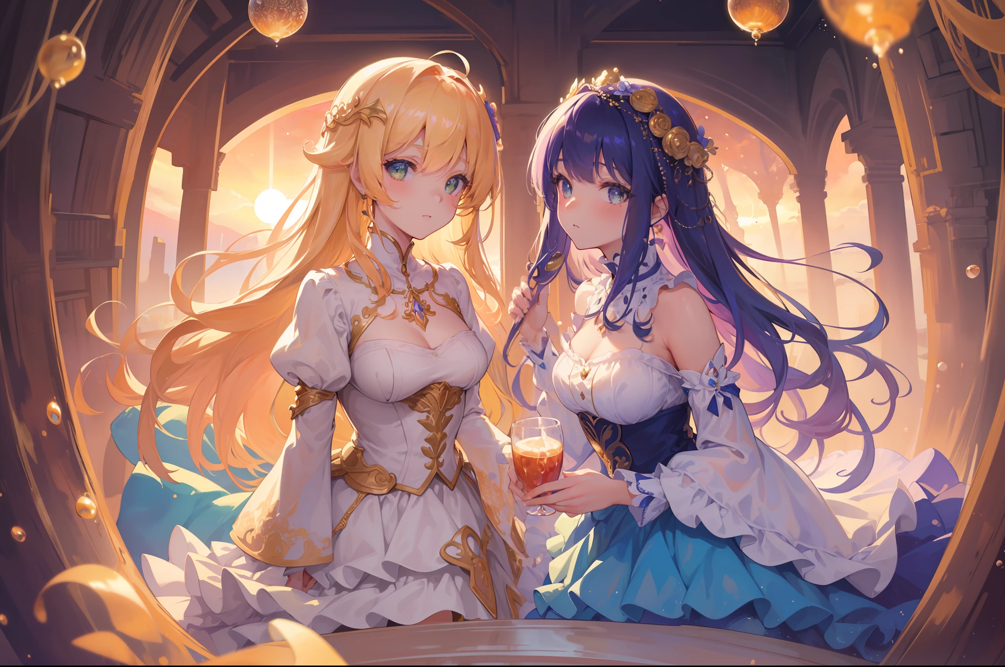 masterpiece, best quality, 8k resolution, sharp focus, intricate detail, beautiful girls, multiple girls, duo, trio, sparkling eyes, golden ratio face, otherworldly liquid, watercolor, sunset colors, bright colors, whimsical, colorful, sharp focus, high resolution, fine detail, ((layered tiered puffy long sleeves ballgown)), ((round eyes)), iridescent bubbles, fantasia background