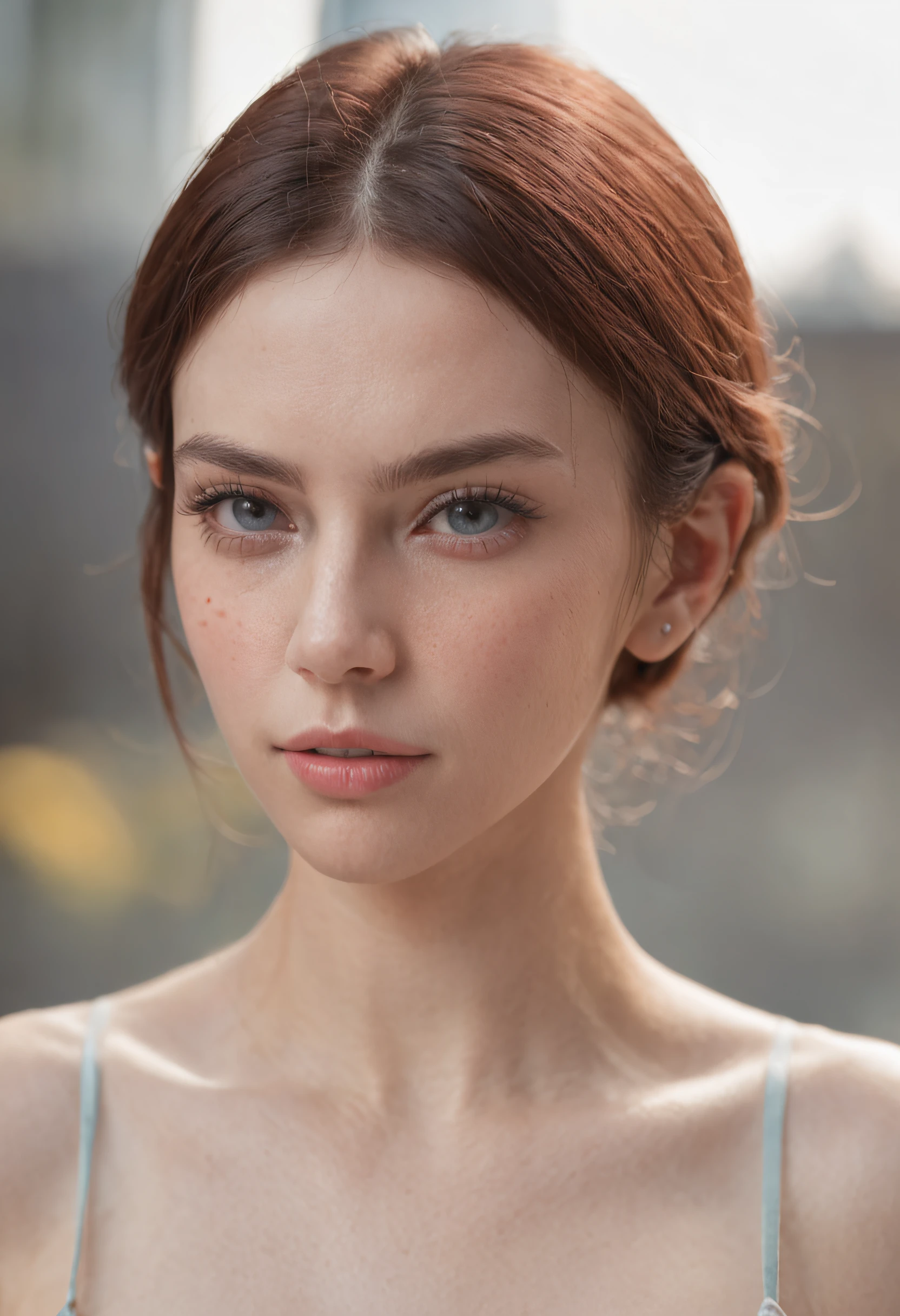 of a real,The facial features are meticulously depicted,Realistic skin texture,Uncle Beard,There is a scar on his face,closeup cleavage,head portrait,Pout,Blue eyes,Short-cut hair of maroon color,depth of fields,dynamic blur,high light,Real light,Ray traching,oc rendered,Hyper-realistic,best qualtiy,8K,Works of masters,super-fine,Detailed pubic hair,Correct anatomy,sharp focus on eyes,Bokeh,Facial features are carefully depicted