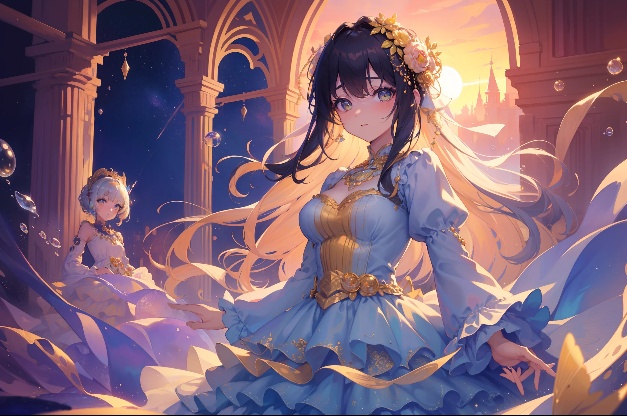 masterpiece, best quality, 8k resolution, sharp focus, intricate detail, beautiful girls, multiple girls, duo, trio, sparkling eyes, golden ratio face, otherworldly liquid, watercolor, sunset colors, bright colors, whimsical, colorful, sharp focus, high resolution, fine detail, ((layered tiered puffy long sleeves ballgown)), ((round eyes)), iridescent bubbles, fantasia background