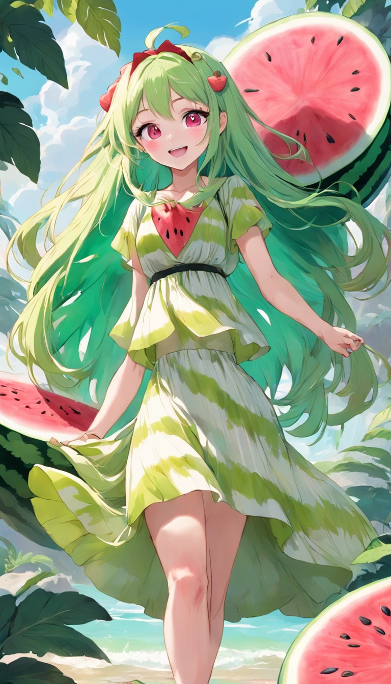 1girl, wearing a (cat print) purple dress, in ((the tropics with watermelon)), happy and smiling, mythical world with giant watermelon fruit , bright light color palette🎨, hands down, energetic, fashion dress, fruits, long flowy hair, {{{{{{{{{{{{two-tone hair}}}}}}}}}}}},yellow hair: 50, red hair: 50, green hair: 50,
