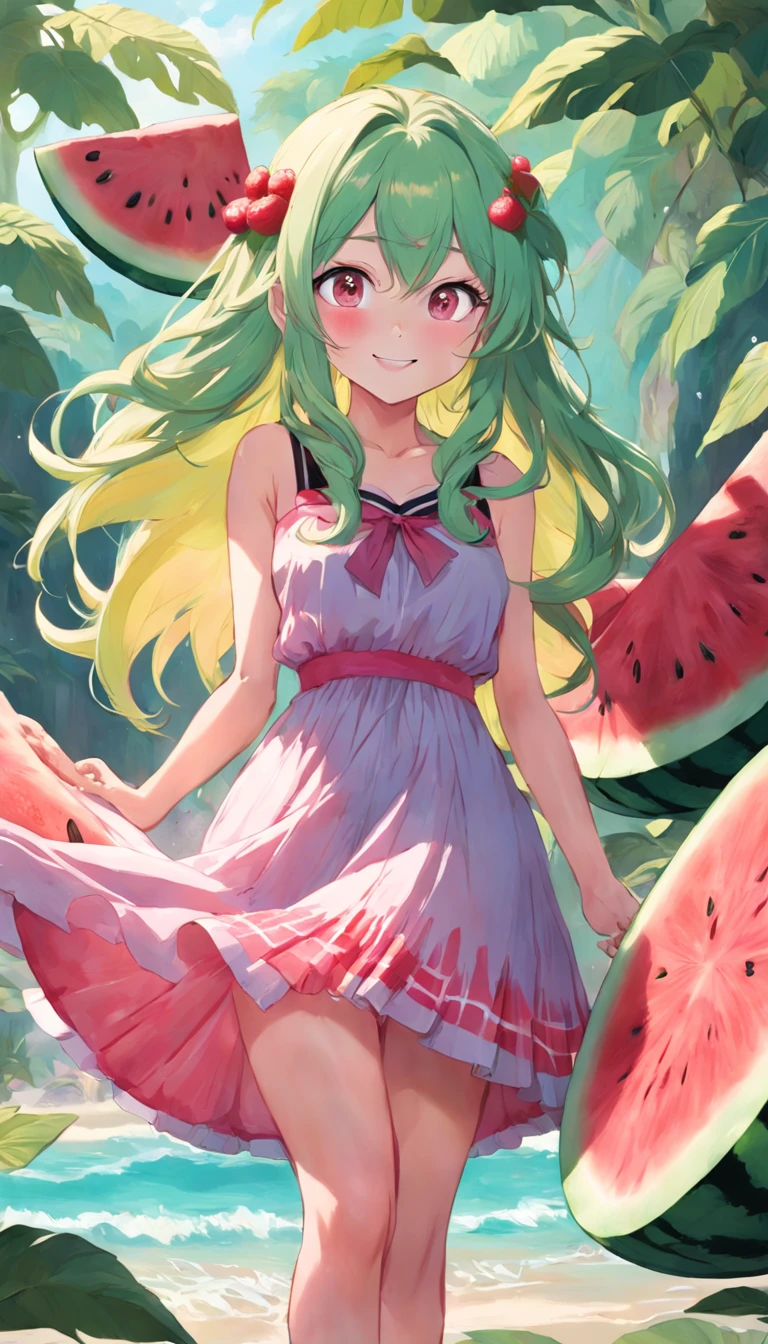 1girl, wearing a (cat print) purple dress, in ((the tropics with watermelon)), happy and smiling, mythical world with giant watermelon fruit , bright light color palette🎨, hands down, energetic, fashion dress, fruits, long flowy hair, {{{{{{{{{{{{two-tone hair}}}}}}}}}}}},yellow hair: 50, red hair: 50, green hair: 50,